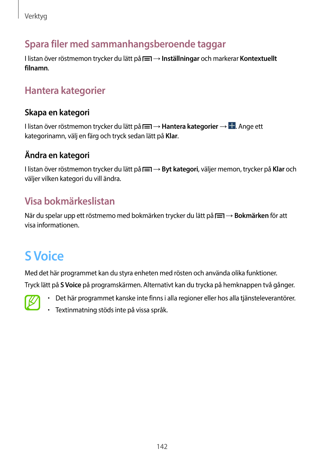 Samsung SM-N9005ZWENEE manual Voice, Spara filer med sammanhangsberoende taggar, Hantera kategorier, Visa bokmärkeslistan 