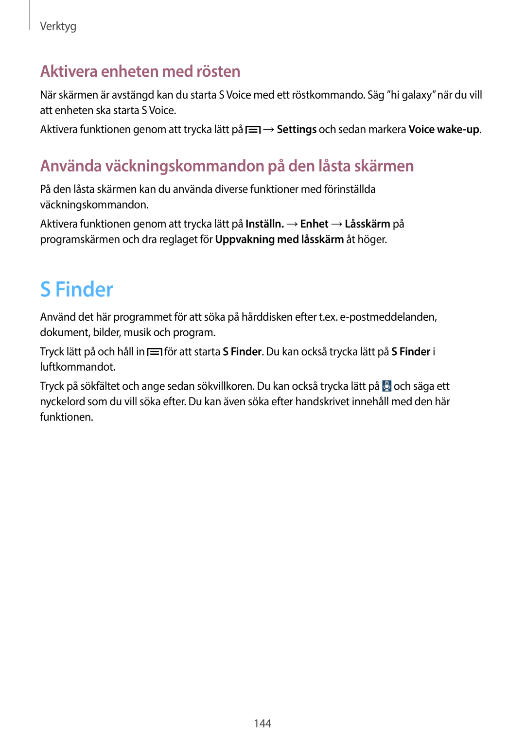 Samsung SM-N9005WDENEE manual Finder, Aktivera enheten med rösten, Använda väckningskommandon på den låsta skärmen 