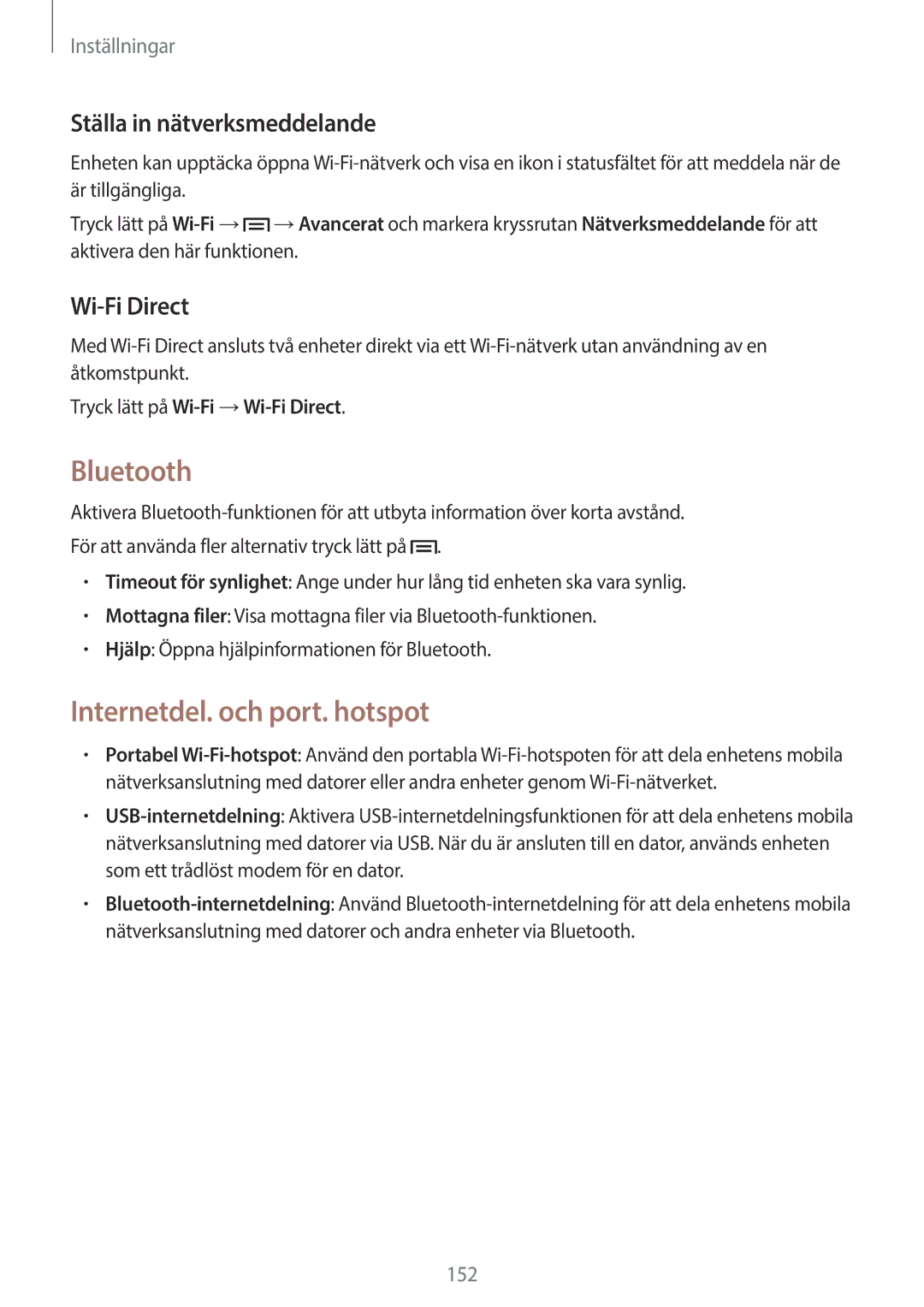 Samsung SM-N9005ZIENEE manual Bluetooth, Internetdel. och port. hotspot, Ställa in nätverksmeddelande, Wi-Fi Direct 