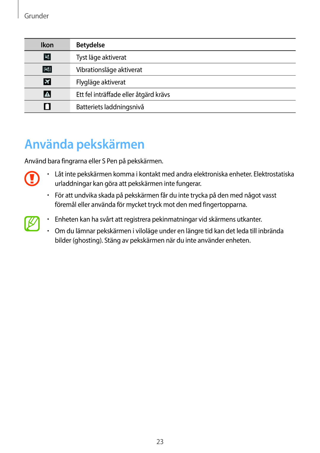 Samsung SM-N9005ZRENEE, SM-N9005WDENEE, SM-N9005ZKENEE, SM-N9005ZIENEE, SM-N9005BDENEE manual Använda pekskärmen, Grunder 