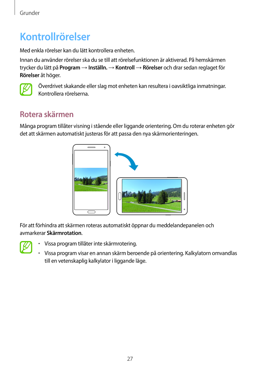 Samsung SM-N9005BDENEE, SM-N9005WDENEE, SM-N9005ZKENEE, SM-N9005ZIENEE, SM-N9005ZWENEE manual Kontrollrörelser, Rotera skärmen 