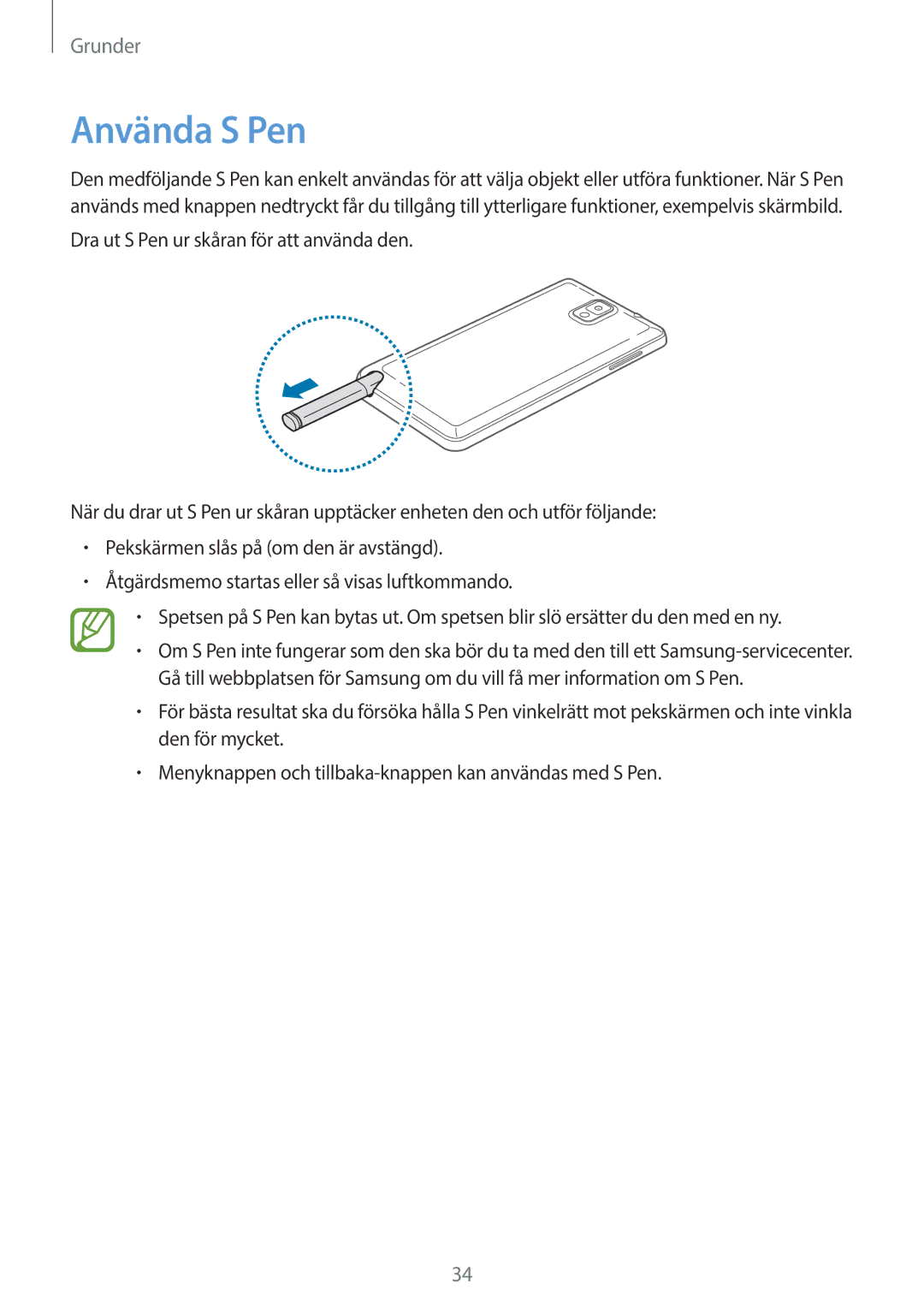 Samsung SM-N9005ZWENEE, SM-N9005WDENEE, SM-N9005ZKENEE, SM-N9005ZIENEE, SM-N9005BDENEE, SM-N9005ZRENEE manual Använda S Pen 