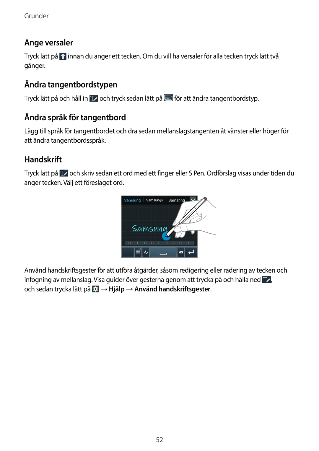 Samsung SM-N9005ZWENEE, SM-N9005WDENEE Ange versaler, Ändra tangentbordstypen, Ändra språk för tangentbord, Handskrift 