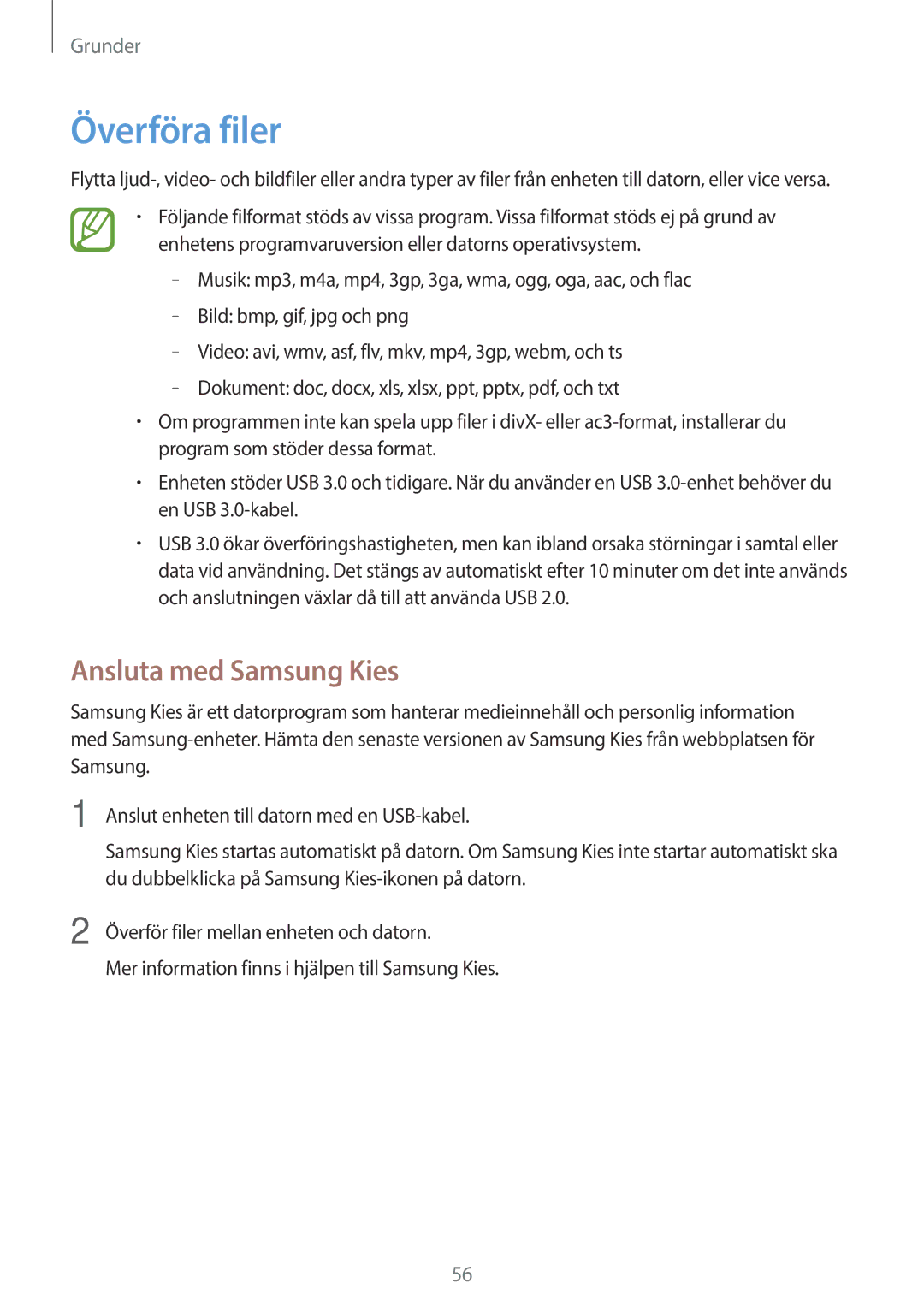 Samsung SM-N9005ZIENEE, SM-N9005WDENEE, SM-N9005ZKENEE, SM-N9005BDENEE manual Överföra filer, Ansluta med Samsung Kies 