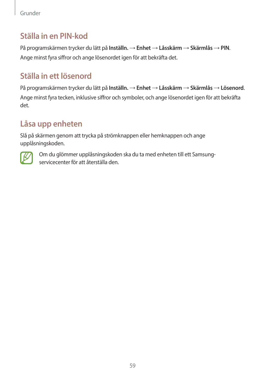 Samsung SM-N9005ZRENEE, SM-N9005WDENEE, SM-N9005ZKENEE manual Ställa in en PIN-kod, Ställa in ett lösenord, Låsa upp enheten 