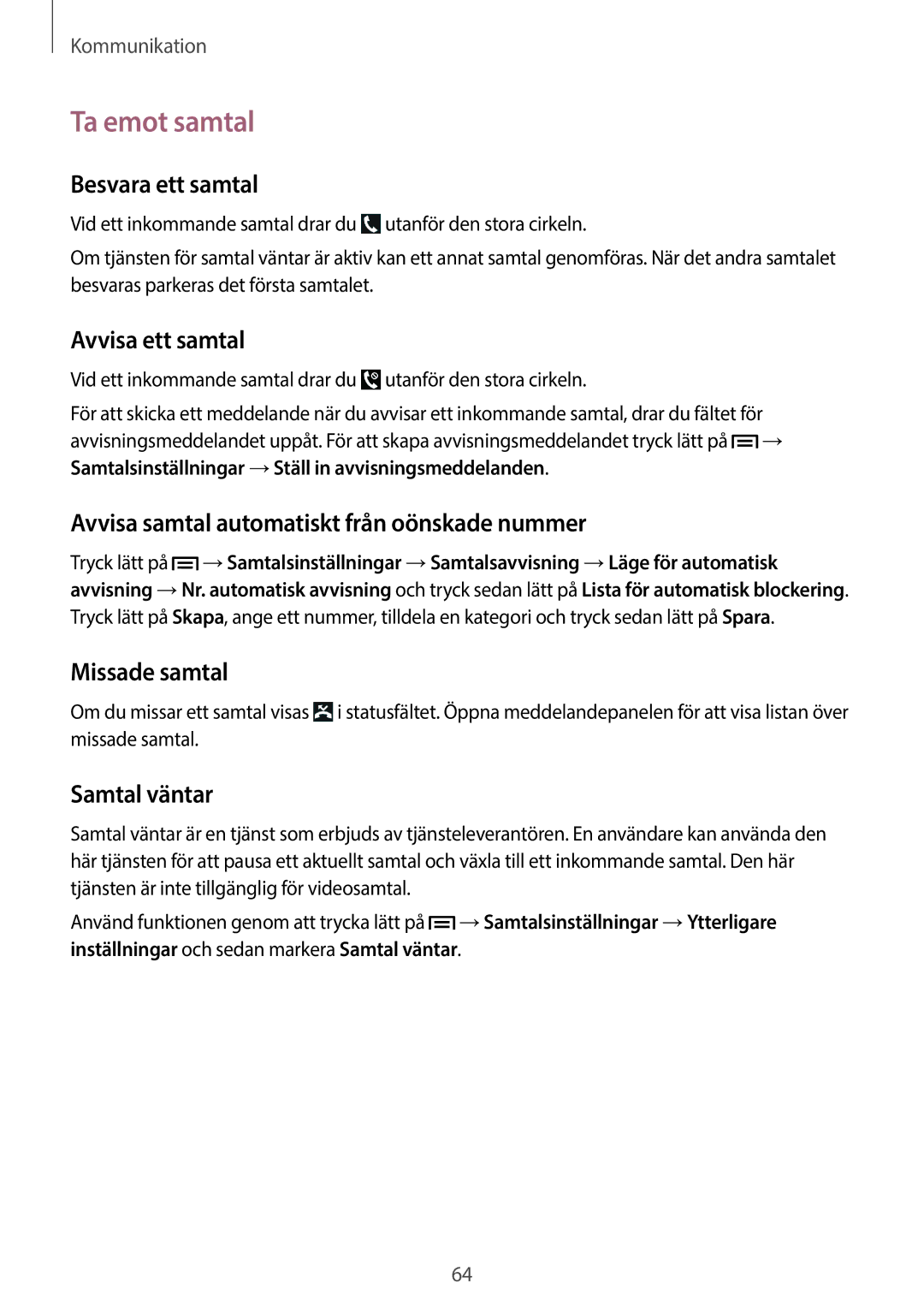 Samsung SM-N9005ZWENEE, SM-N9005WDENEE, SM-N9005ZKENEE, SM-N9005ZIENEE, SM-N9005BDENEE, SM-N9005ZRENEE manual Ta emot samtal 