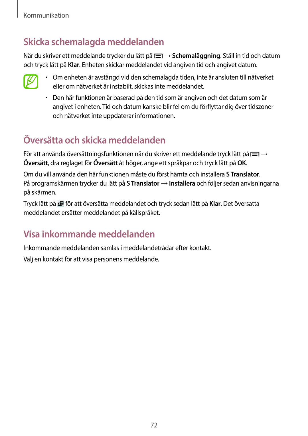 Samsung SM-N9005WDENEE manual Skicka schemalagda meddelanden, Översätta och skicka meddelanden, Visa inkommande meddelanden 