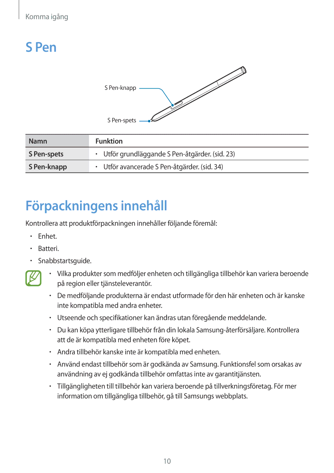 Samsung SM-N9005ZWENEE, SM-N9005WDENEE, SM-N9005ZKENEE manual Förpackningens innehåll, Namn Funktion Pen-spets, Pen-knapp 