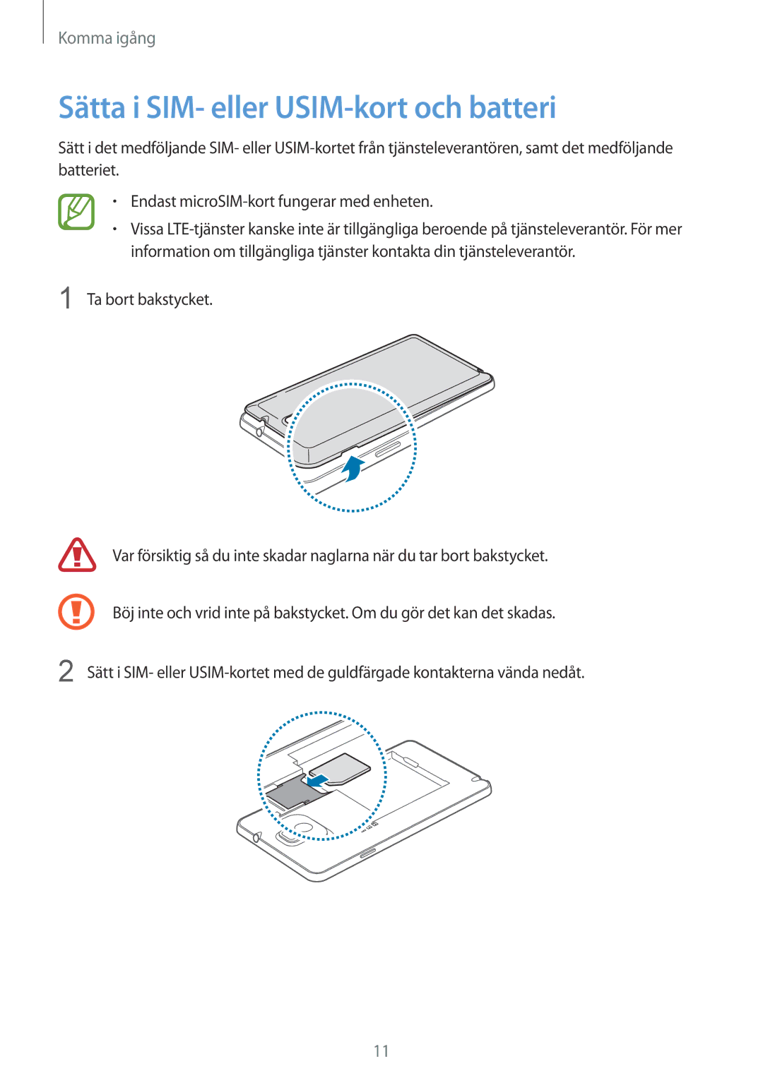 Samsung SM-N9005ZRENEE, SM-N9005WDENEE, SM-N9005ZKENEE, SM-N9005ZIENEE manual Sätta i SIM- eller USIM-kort och batteri 