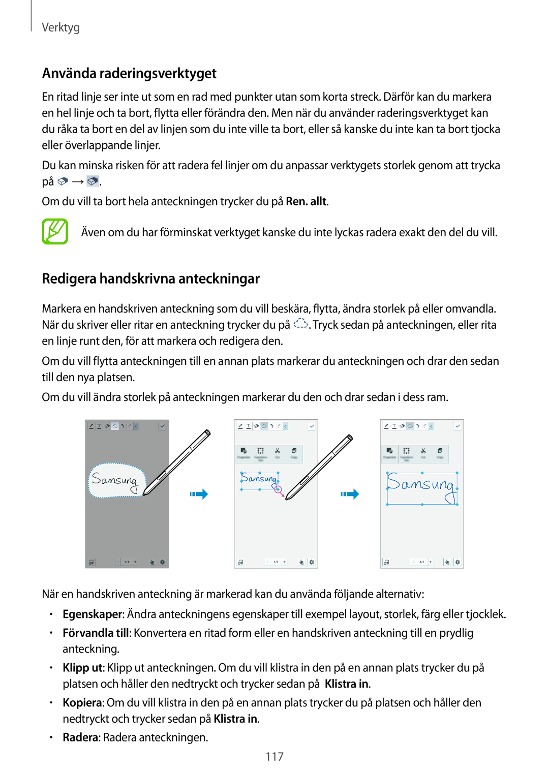 Samsung SM-N9005BDENEE, SM-N9005WDENEE, SM-N9005ZKENEE manual Använda raderingsverktyget, Redigera handskrivna anteckningar 