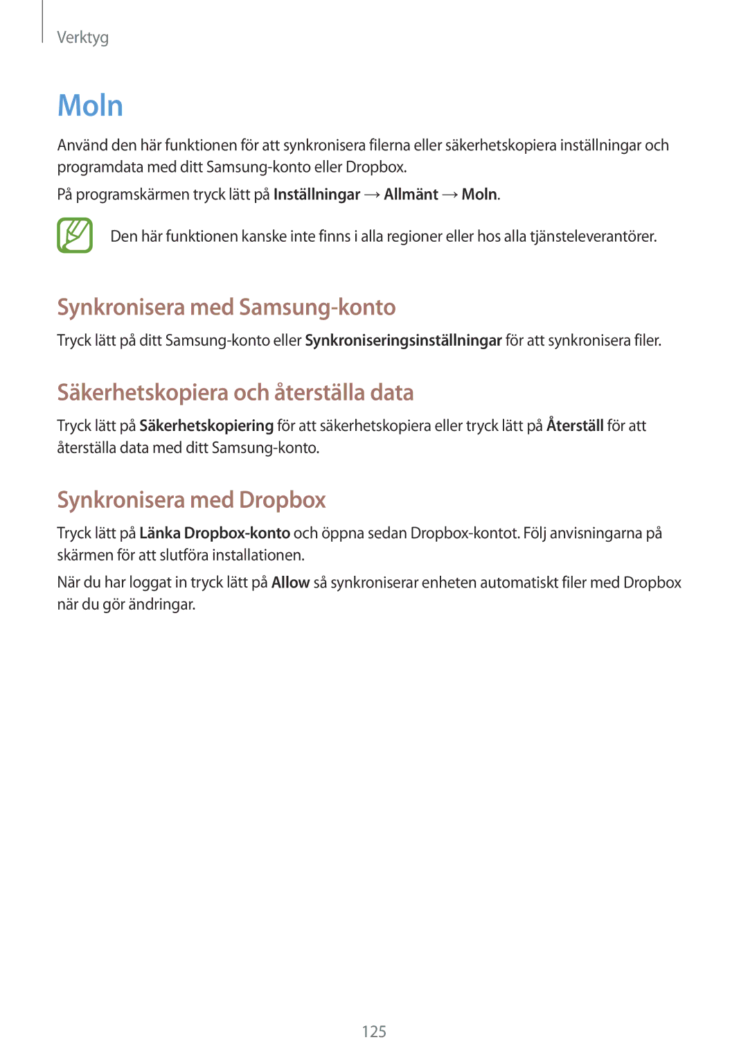 Samsung SM-N9005ZRENEE, SM-N9005WDENEE manual Moln, Synkronisera med Samsung-konto, Säkerhetskopiera och återställa data 