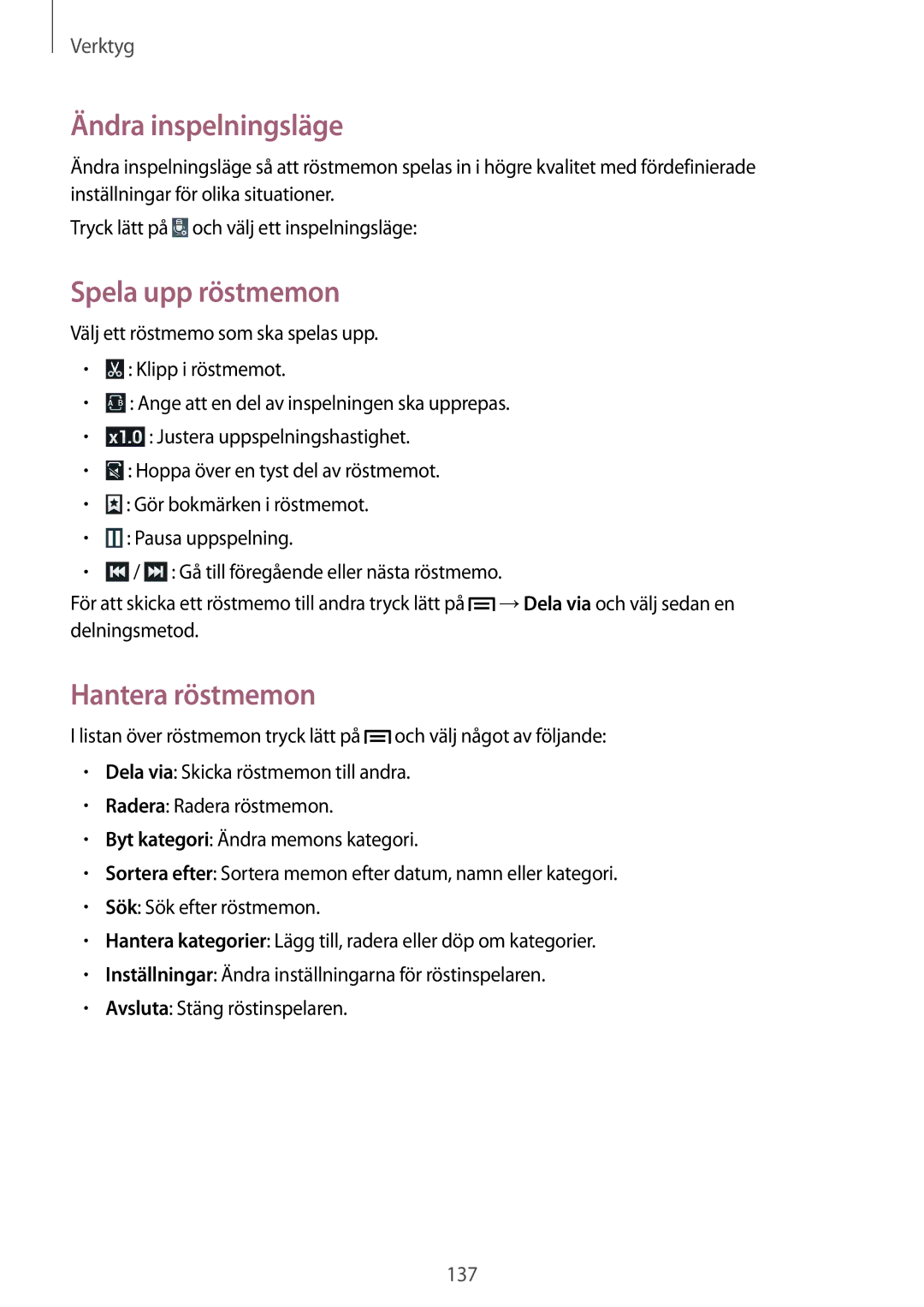 Samsung SM-N9005ZRENEE, SM-N9005WDENEE, SM-N9005ZKENEE manual Ändra inspelningsläge, Spela upp röstmemon, Hantera röstmemon 