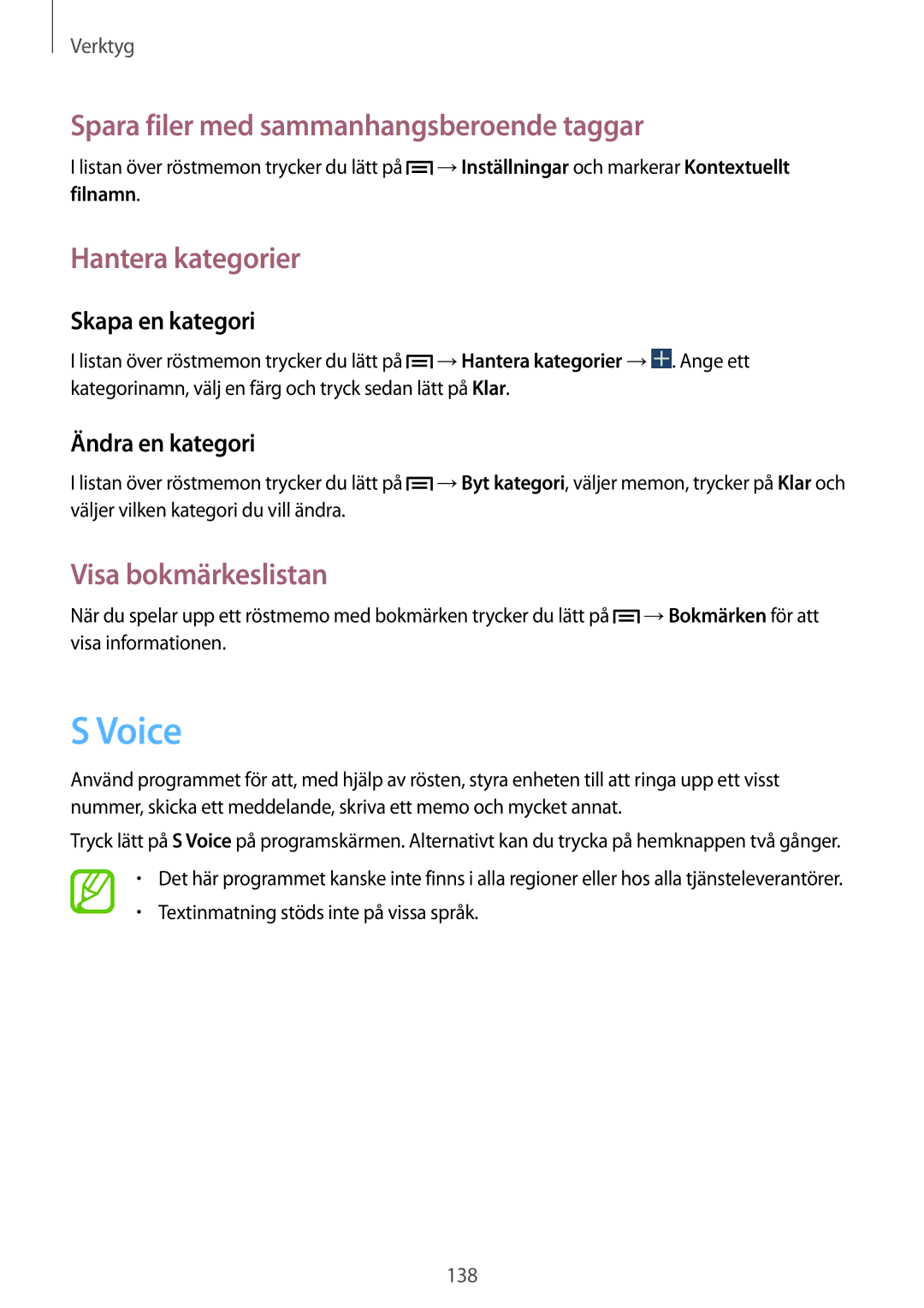 Samsung SM-N9005WDENEE manual Voice, Spara filer med sammanhangsberoende taggar, Hantera kategorier, Visa bokmärkeslistan 