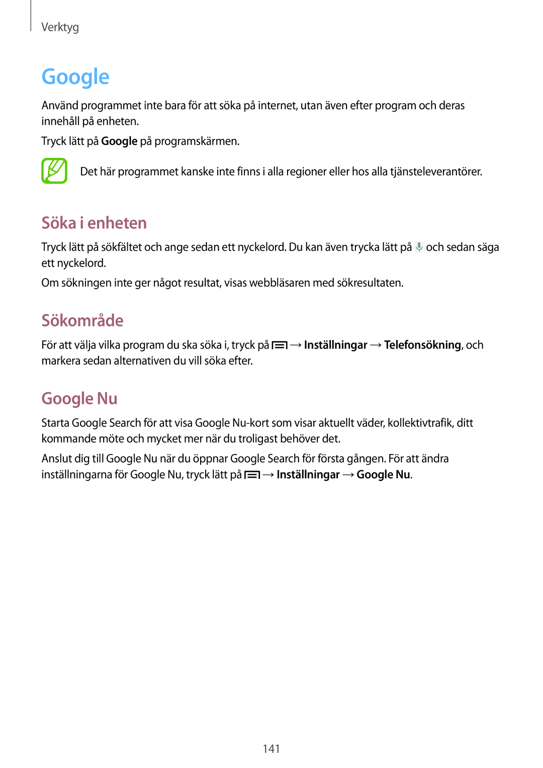 Samsung SM-N9005BDENEE, SM-N9005WDENEE, SM-N9005ZKENEE, SM-N9005ZIENEE manual Söka i enheten, Sökområde, Google Nu 