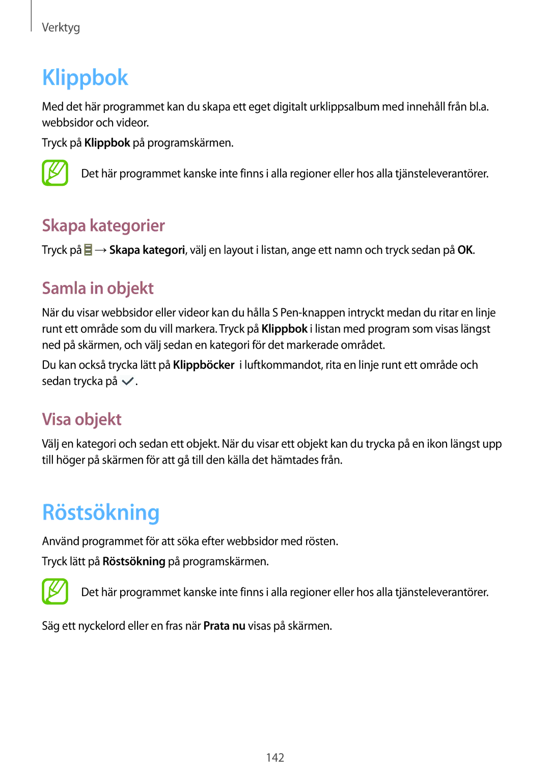 Samsung SM-N9005ZWENEE, SM-N9005WDENEE manual Klippbok, Röstsökning, Skapa kategorier, Samla in objekt, Visa objekt 