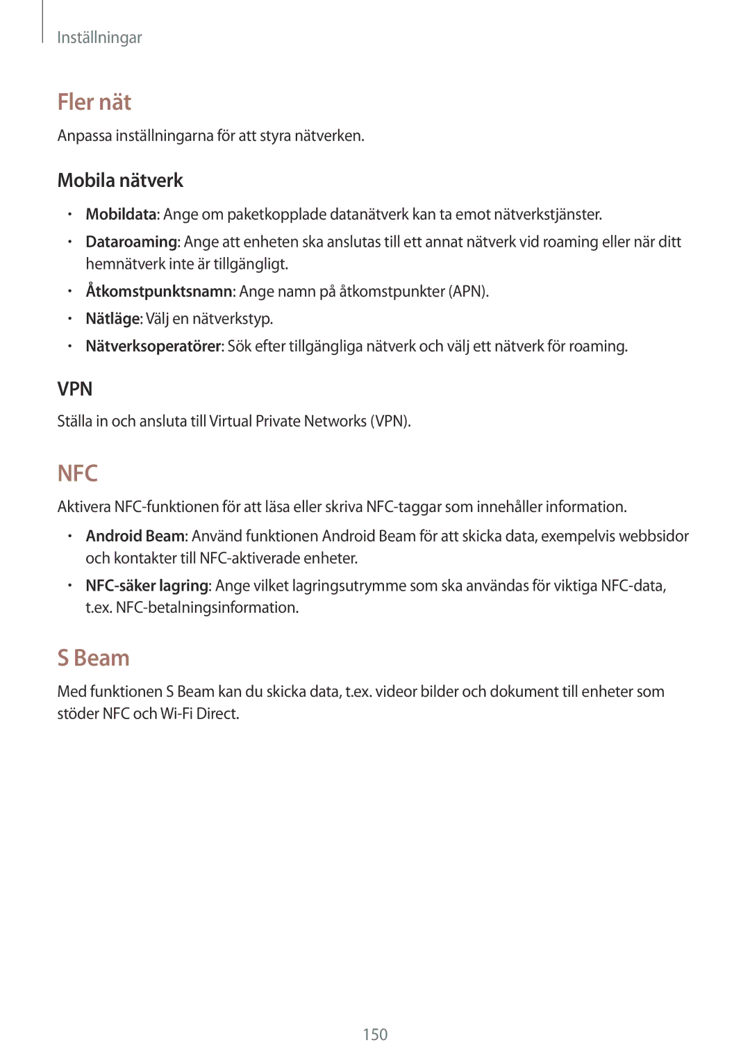 Samsung SM-N9005WDENEE, SM-N9005ZKENEE, SM-N9005ZIENEE, SM-N9005BDENEE, SM-N9005ZWENEE manual Fler nät, Beam, Mobila nätverk 