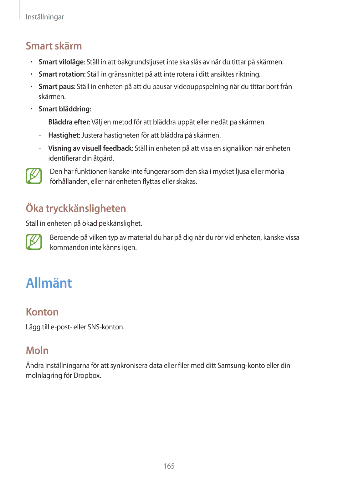 Samsung SM-N9005BDENEE, SM-N9005WDENEE, SM-N9005ZKENEE manual Allmänt, Smart skärm, Öka tryckkänsligheten, Konton, Moln 