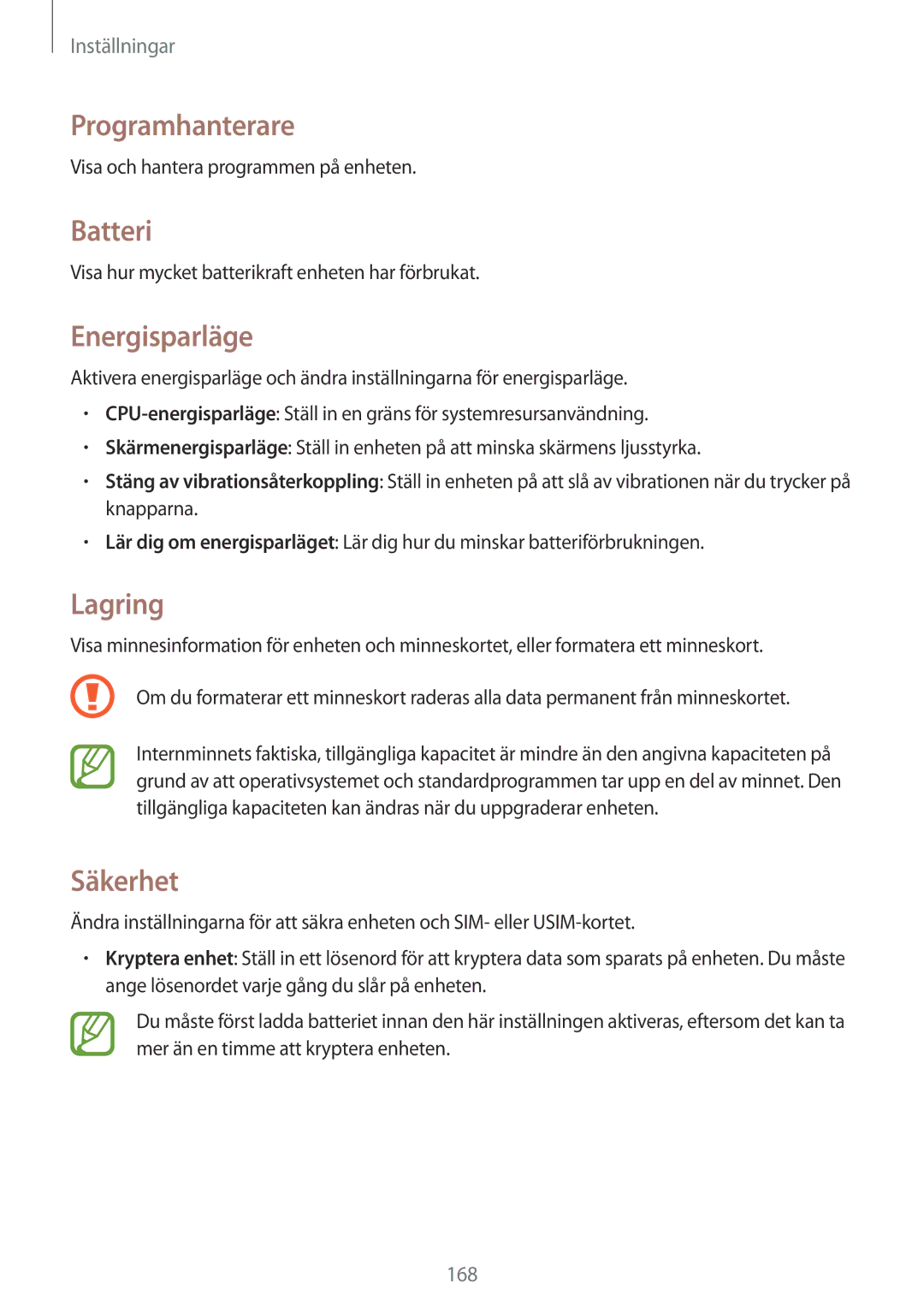 Samsung SM-N9005WDENEE, SM-N9005ZKENEE, SM-N9005ZIENEE manual Programhanterare, Batteri, Energisparläge, Lagring, Säkerhet 