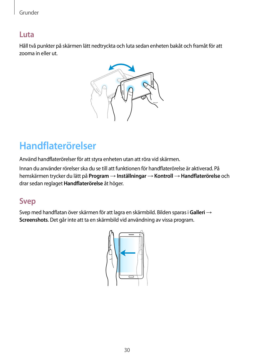 Samsung SM-N9005WDENEE, SM-N9005ZKENEE, SM-N9005ZIENEE, SM-N9005BDENEE, SM-N9005ZWENEE manual Handflaterörelser, Luta, Svep 