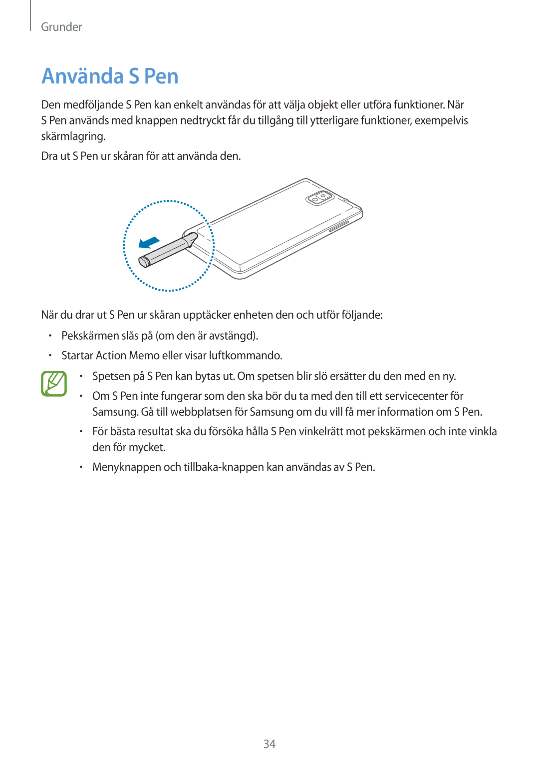 Samsung SM-N9005ZWENEE, SM-N9005WDENEE, SM-N9005ZKENEE, SM-N9005ZIENEE, SM-N9005BDENEE, SM-N9005ZRENEE manual Använda S Pen 