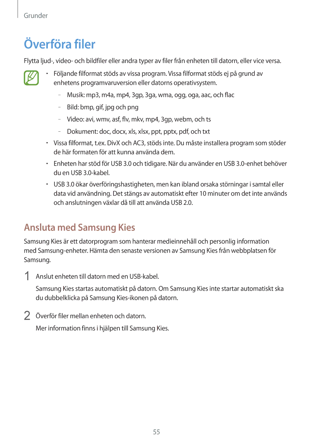 Samsung SM-N9005ZKENEE, SM-N9005WDENEE, SM-N9005ZIENEE, SM-N9005BDENEE manual Överföra filer, Ansluta med Samsung Kies 