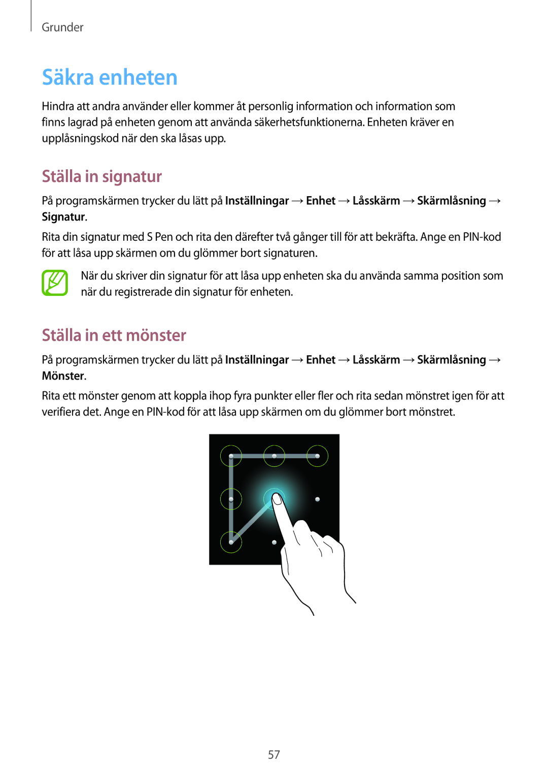 Samsung SM-N9005BDENEE, SM-N9005WDENEE, SM-N9005ZKENEE manual Säkra enheten, Ställa in signatur, Ställa in ett mönster 