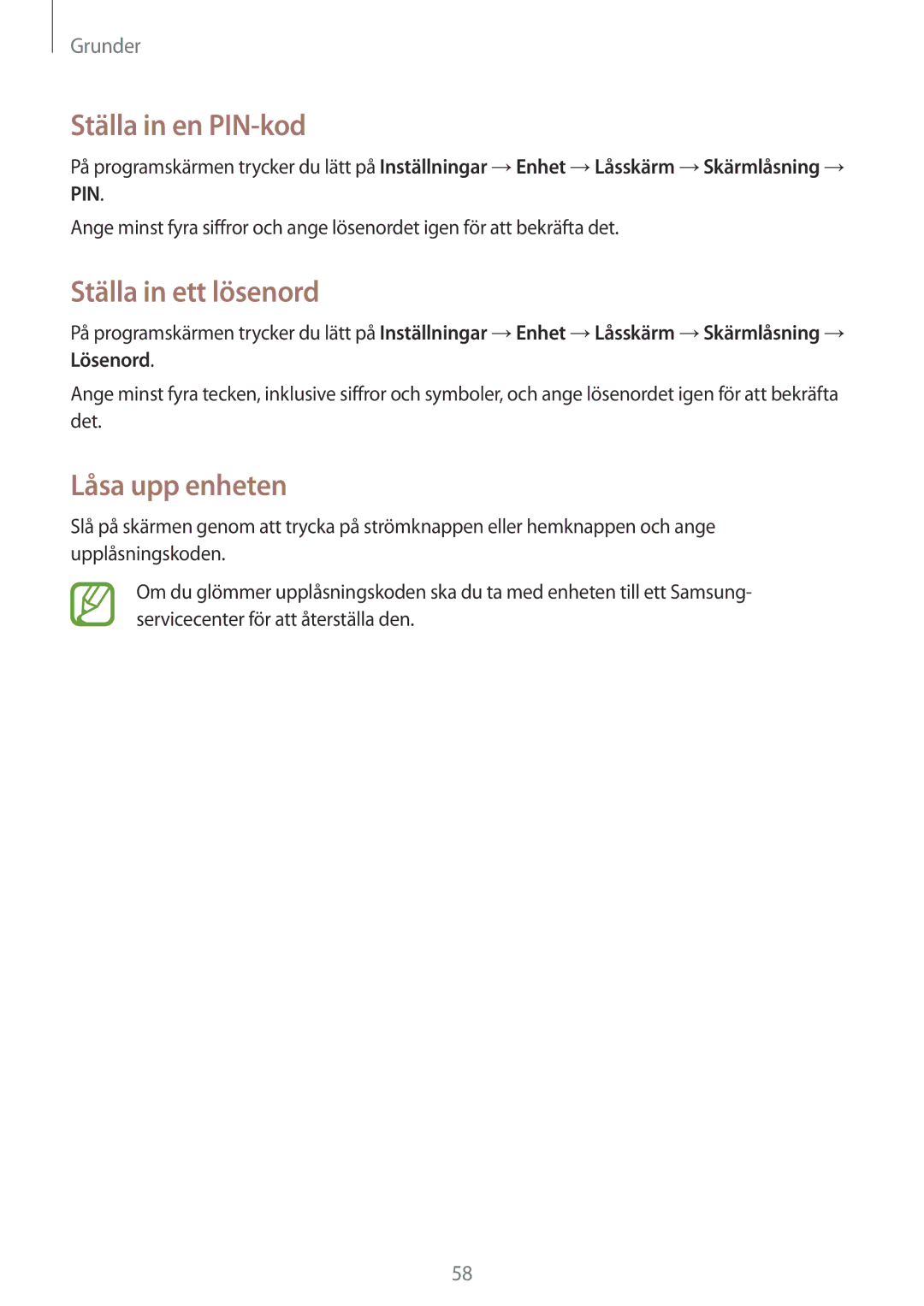 Samsung SM-N9005ZWENEE, SM-N9005WDENEE, SM-N9005ZKENEE manual Ställa in en PIN-kod, Ställa in ett lösenord, Låsa upp enheten 