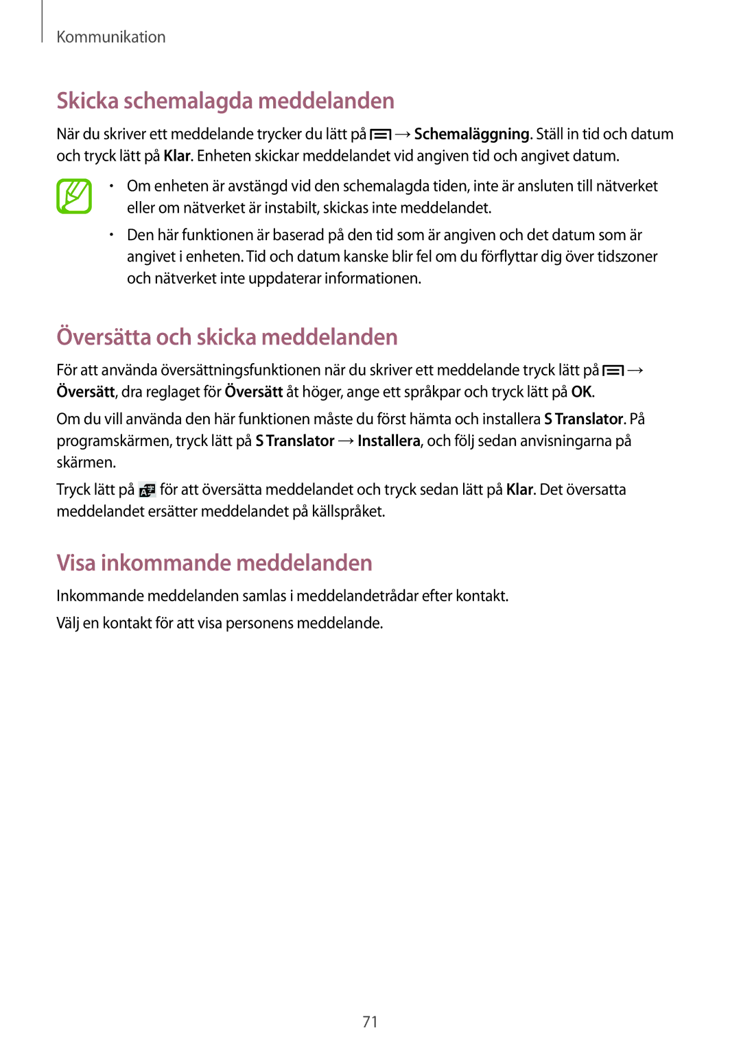 Samsung SM-N9005ZRENEE manual Skicka schemalagda meddelanden, Översätta och skicka meddelanden, Visa inkommande meddelanden 