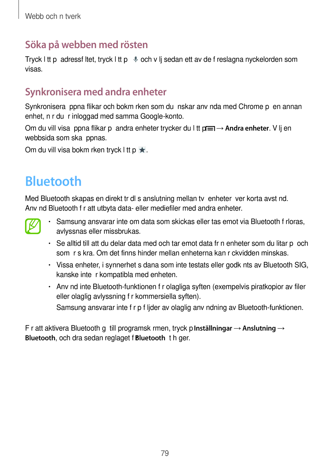 Samsung SM-N9005ZKENEE, SM-N9005WDENEE, SM-N9005ZIENEE Bluetooth, Söka på webben med rösten, Synkronisera med andra enheter 