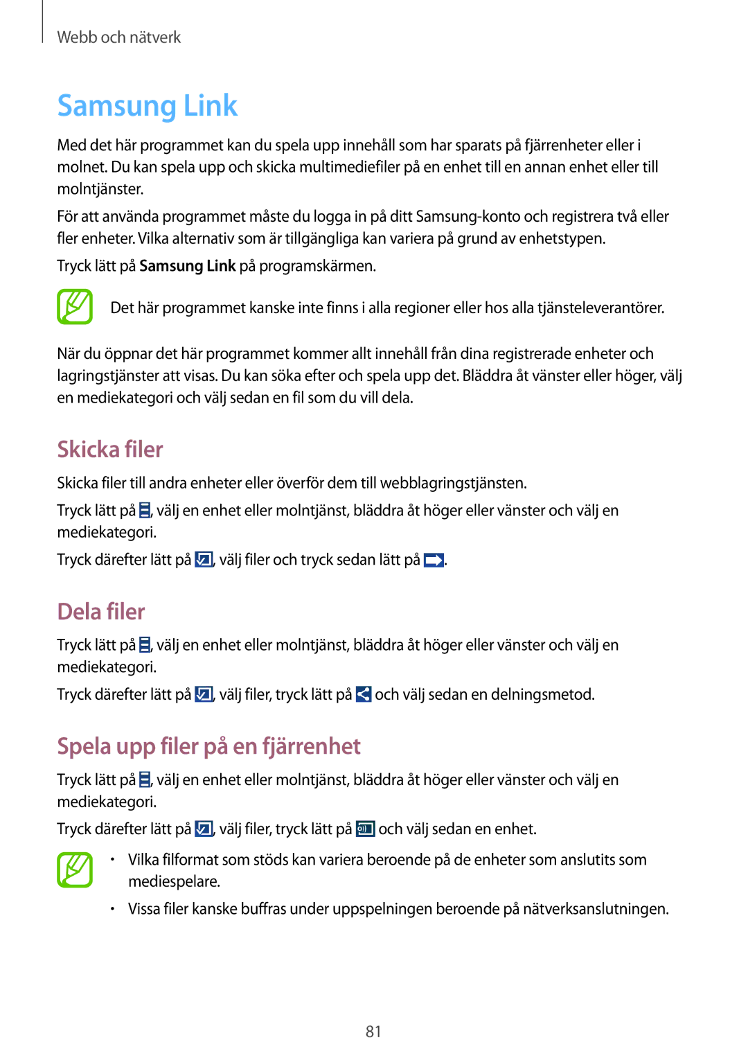 Samsung SM-N9005BDENEE, SM-N9005WDENEE manual Samsung Link, Skicka filer, Dela filer, Spela upp filer på en fjärrenhet 