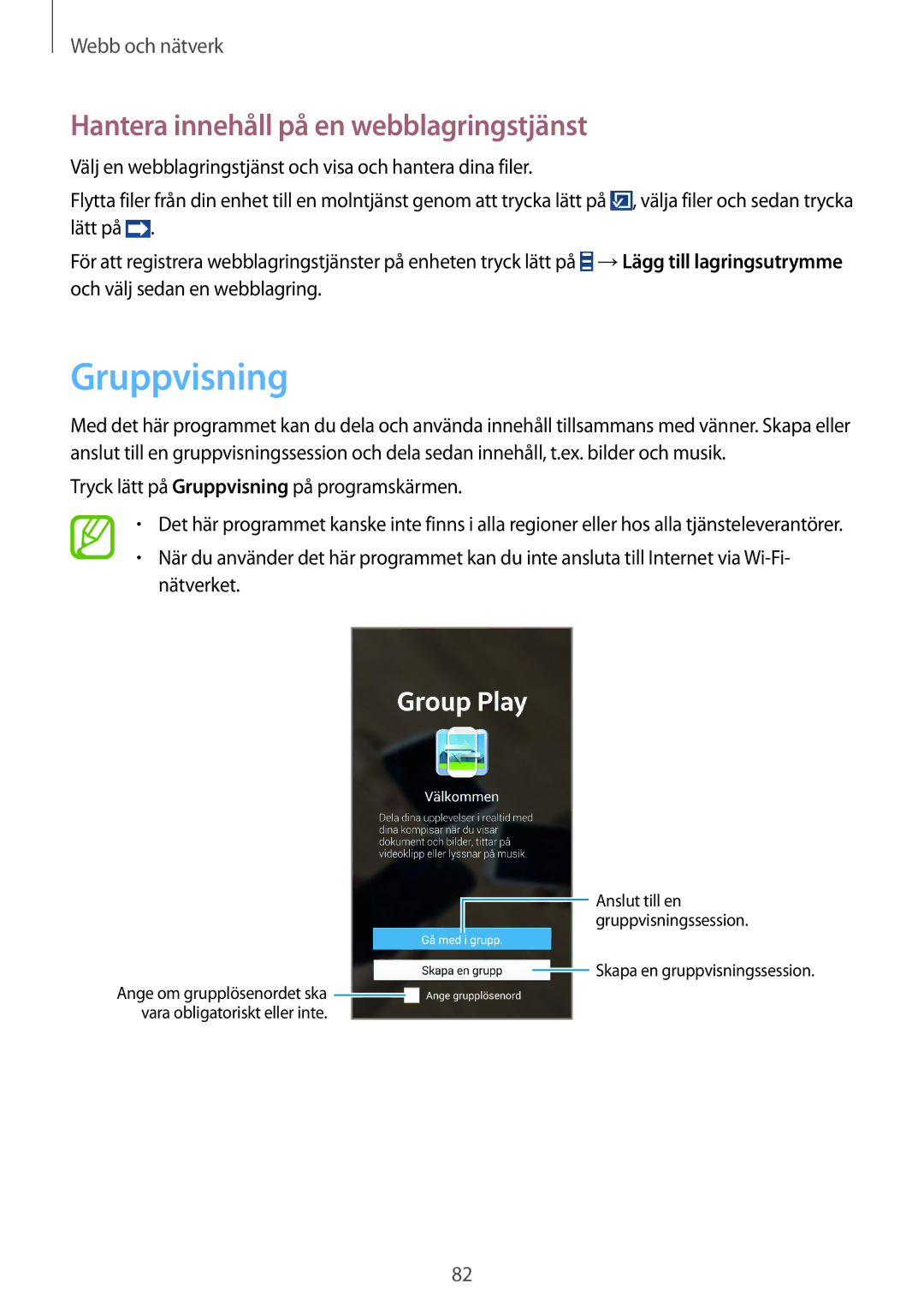 Samsung SM-N9005ZWENEE, SM-N9005WDENEE, SM-N9005ZKENEE manual Gruppvisning, Hantera innehåll på en webblagringstjänst 