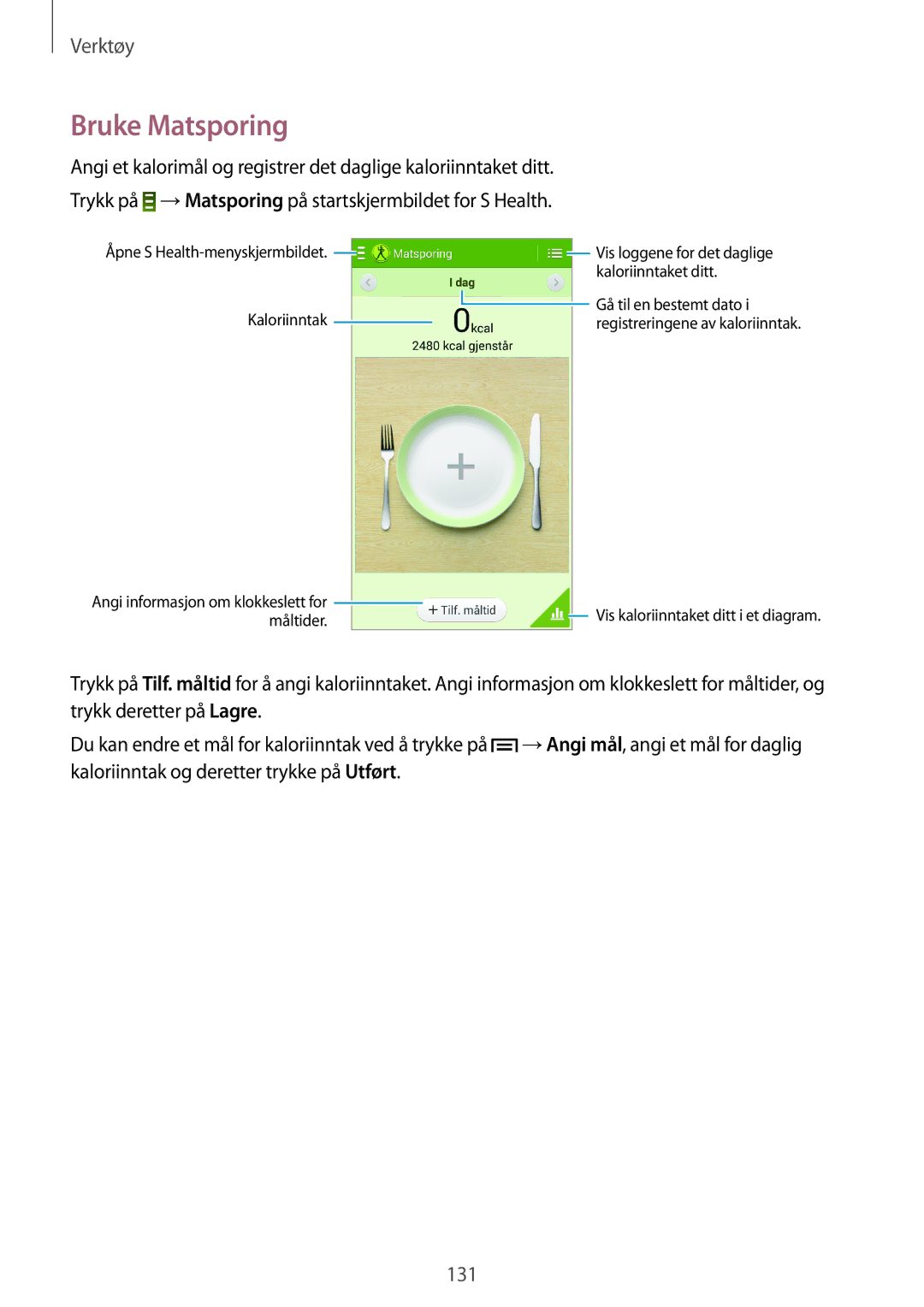 Samsung SM-N9005ZRENEE, SM-N9005WDENEE, SM-N9005ZKENEE manual Bruke Matsporing, Åpne S Health-menyskjermbildet Kaloriinntak 