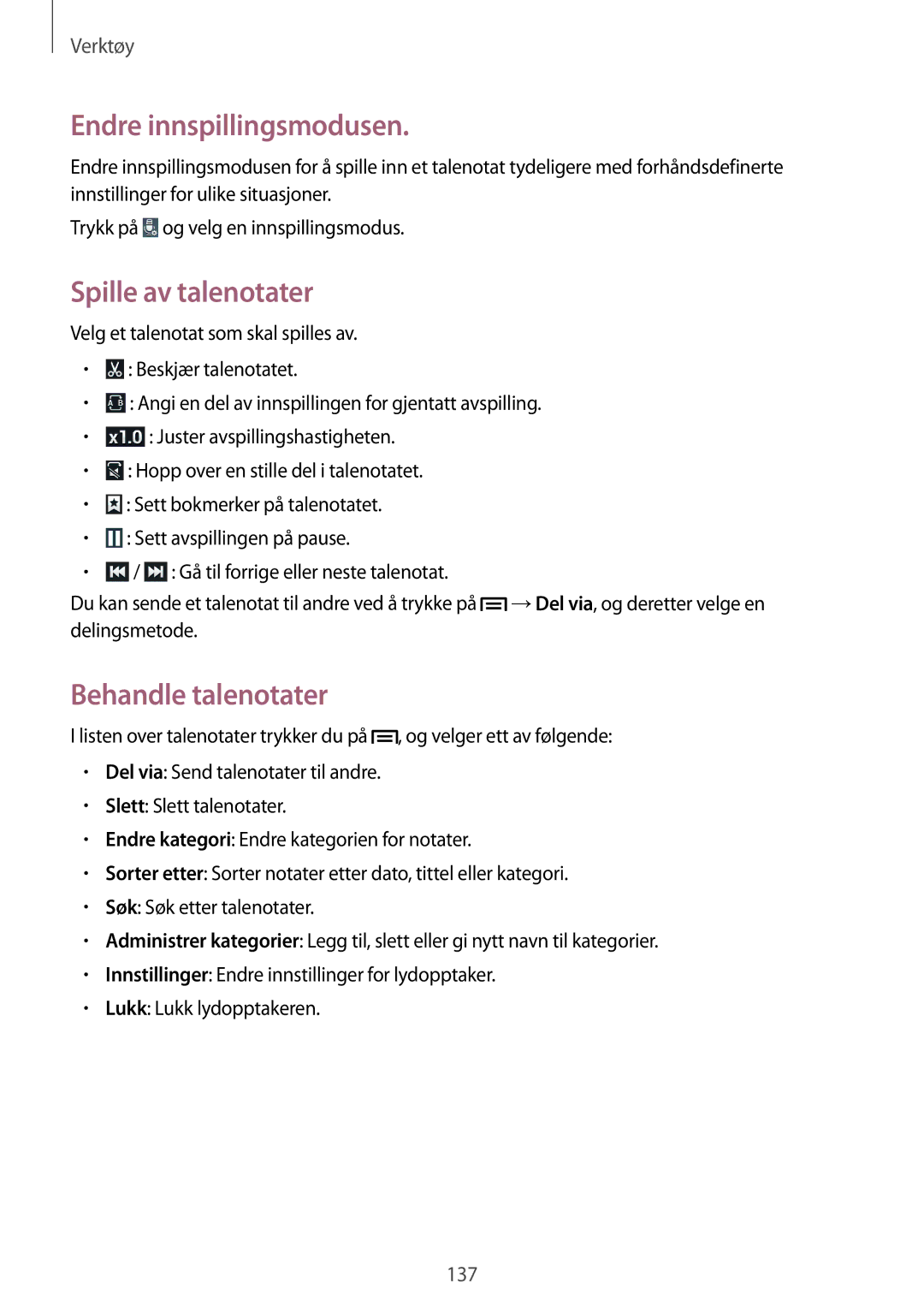 Samsung SM-N9005ZRENEE, SM-N9005WDENEE manual Endre innspillingsmodusen, Spille av talenotater, Behandle talenotater 