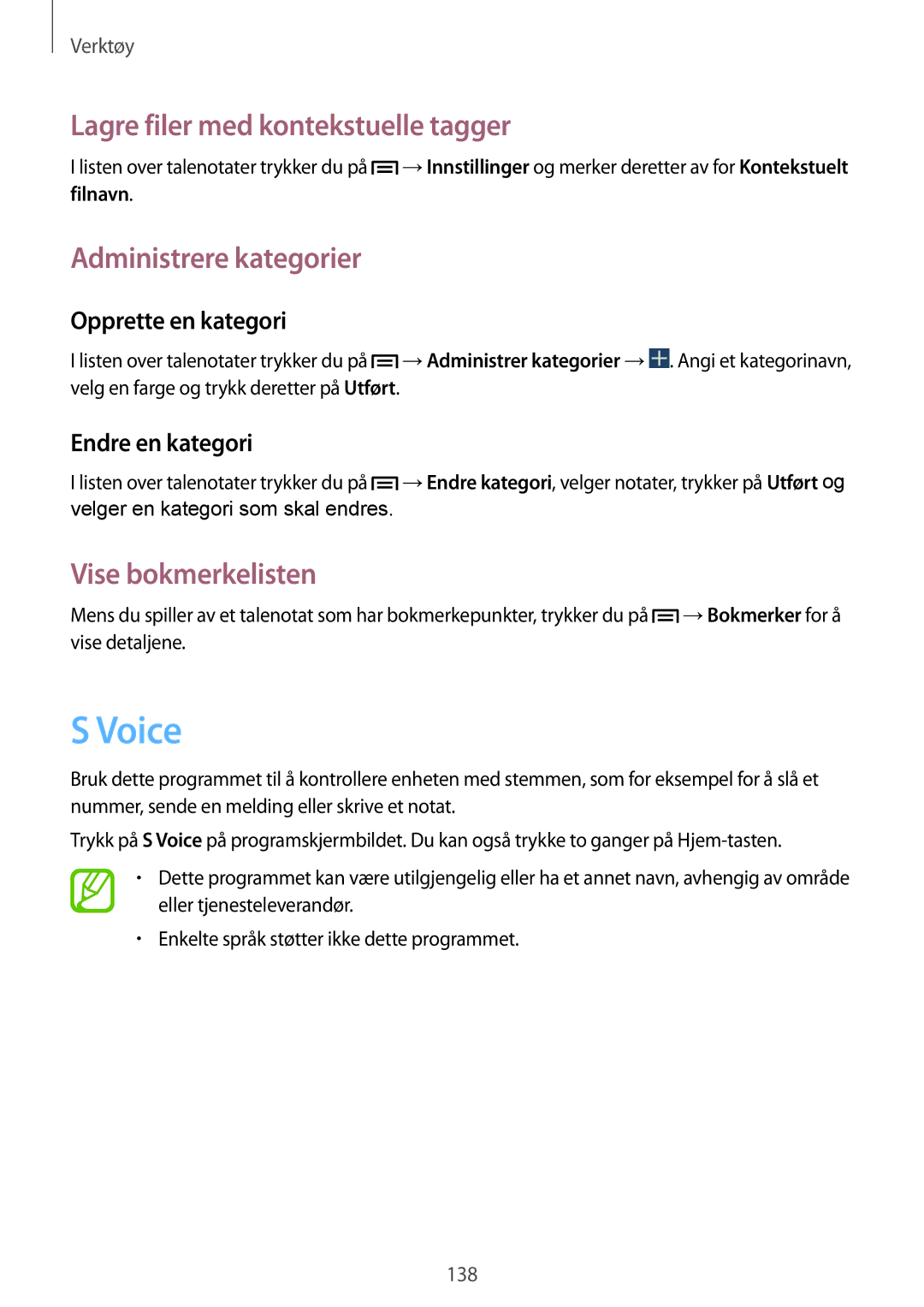 Samsung SM-N9005WDENEE manual Voice, Lagre filer med kontekstuelle tagger, Administrere kategorier, Vise bokmerkelisten 