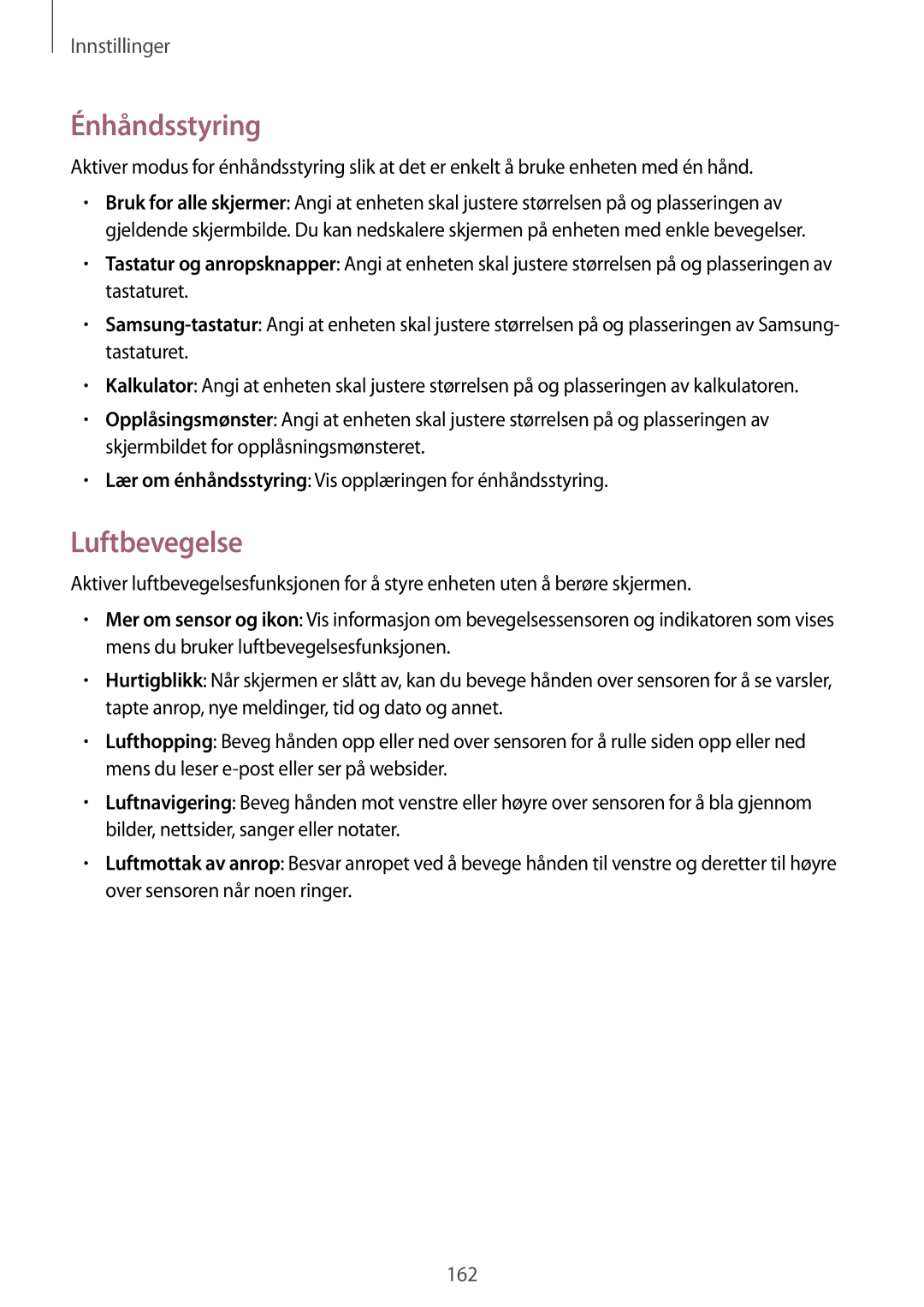 Samsung SM-N9005WDENEE, SM-N9005ZKENEE, SM-N9005ZIENEE, SM-N9005BDENEE, SM-N9005ZWENEE manual Énhåndsstyring, Luftbevegelse 