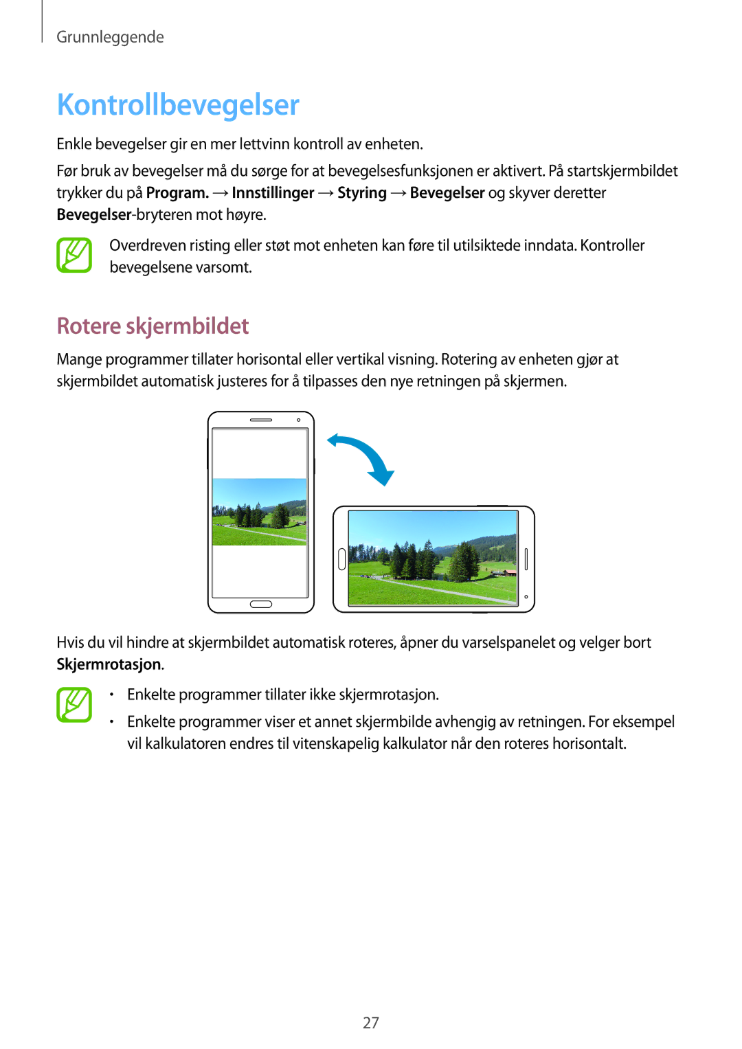 Samsung SM-N9005BDENEE, SM-N9005WDENEE, SM-N9005ZKENEE, SM-N9005ZIENEE manual Kontrollbevegelser, Rotere skjermbildet 