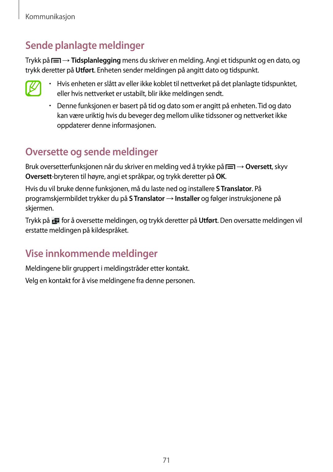 Samsung SM-N9005ZRENEE, SM-N9005WDENEE Sende planlagte meldinger, Oversette og sende meldinger, Vise innkommende meldinger 