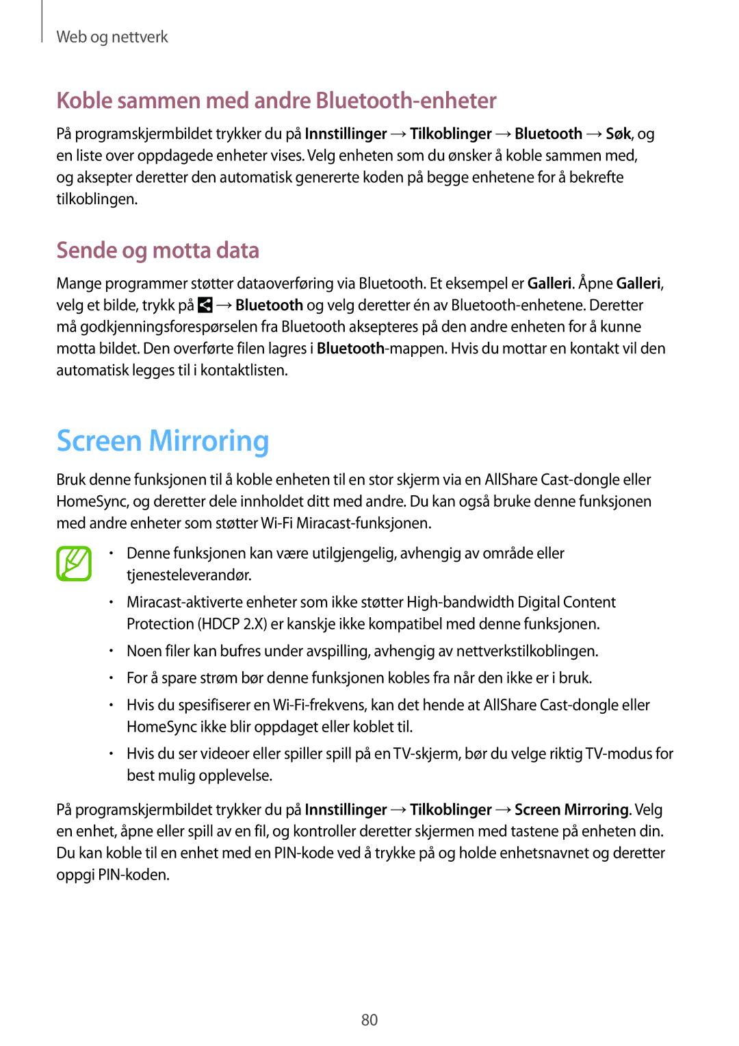 Samsung SM-N9005ZIENEE, SM-N9005WDENEE Screen Mirroring, Koble sammen med andre Bluetooth-enheter, Sende og motta data 