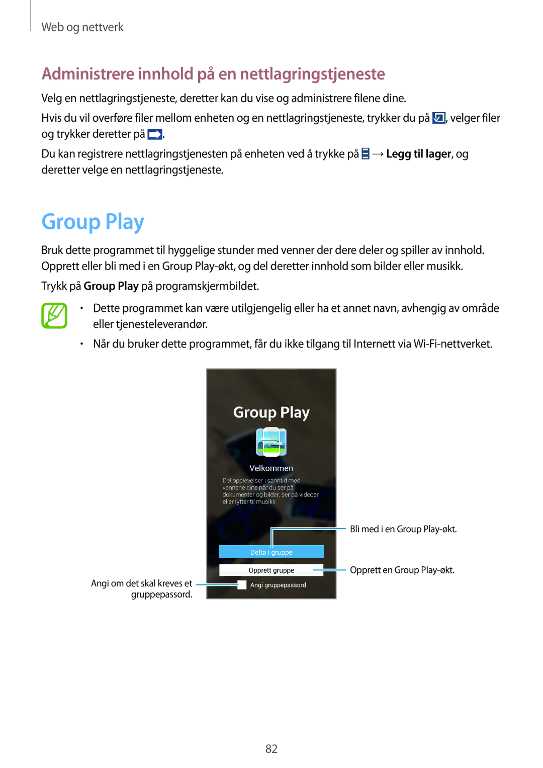 Samsung SM-N9005ZWENEE, SM-N9005WDENEE, SM-N9005ZKENEE manual Group Play, Administrere innhold på en nettlagringstjeneste 