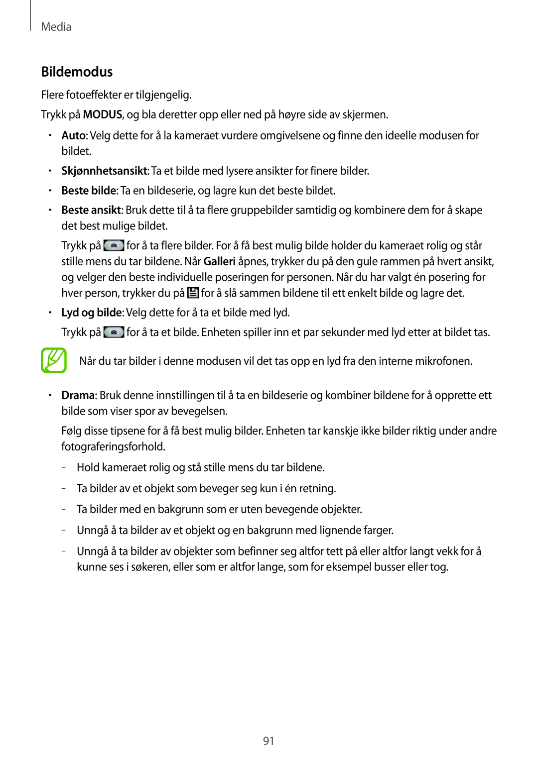 Samsung SM-N9005ZKENEE, SM-N9005WDENEE, SM-N9005ZIENEE manual Bildemodus, Lyd og bilde Velg dette for å ta et bilde med lyd 