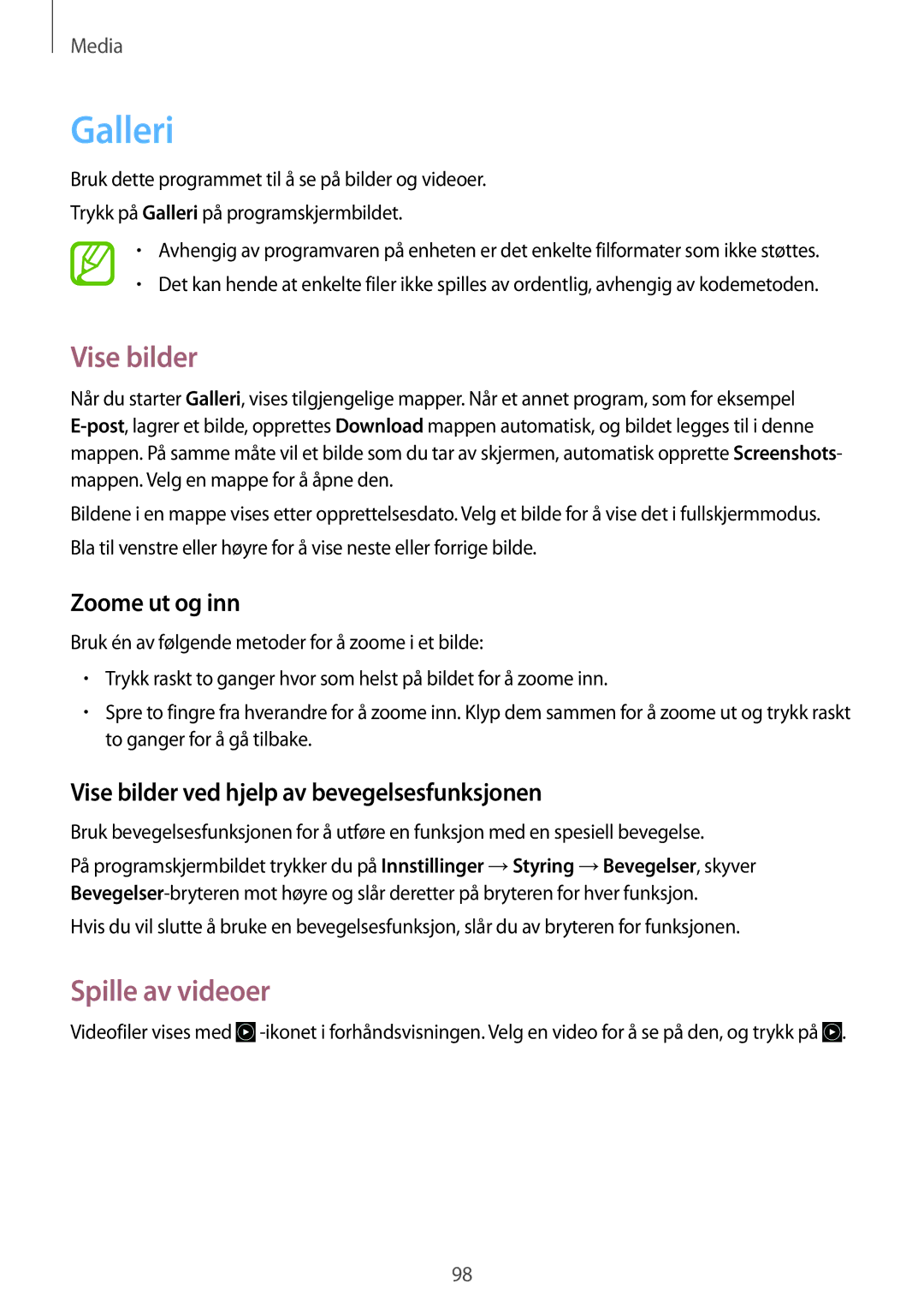 Samsung SM-N9005ZIENEE, SM-N9005WDENEE, SM-N9005ZKENEE manual Galleri, Vise bilder, Spille av videoer, Zoome ut og inn 