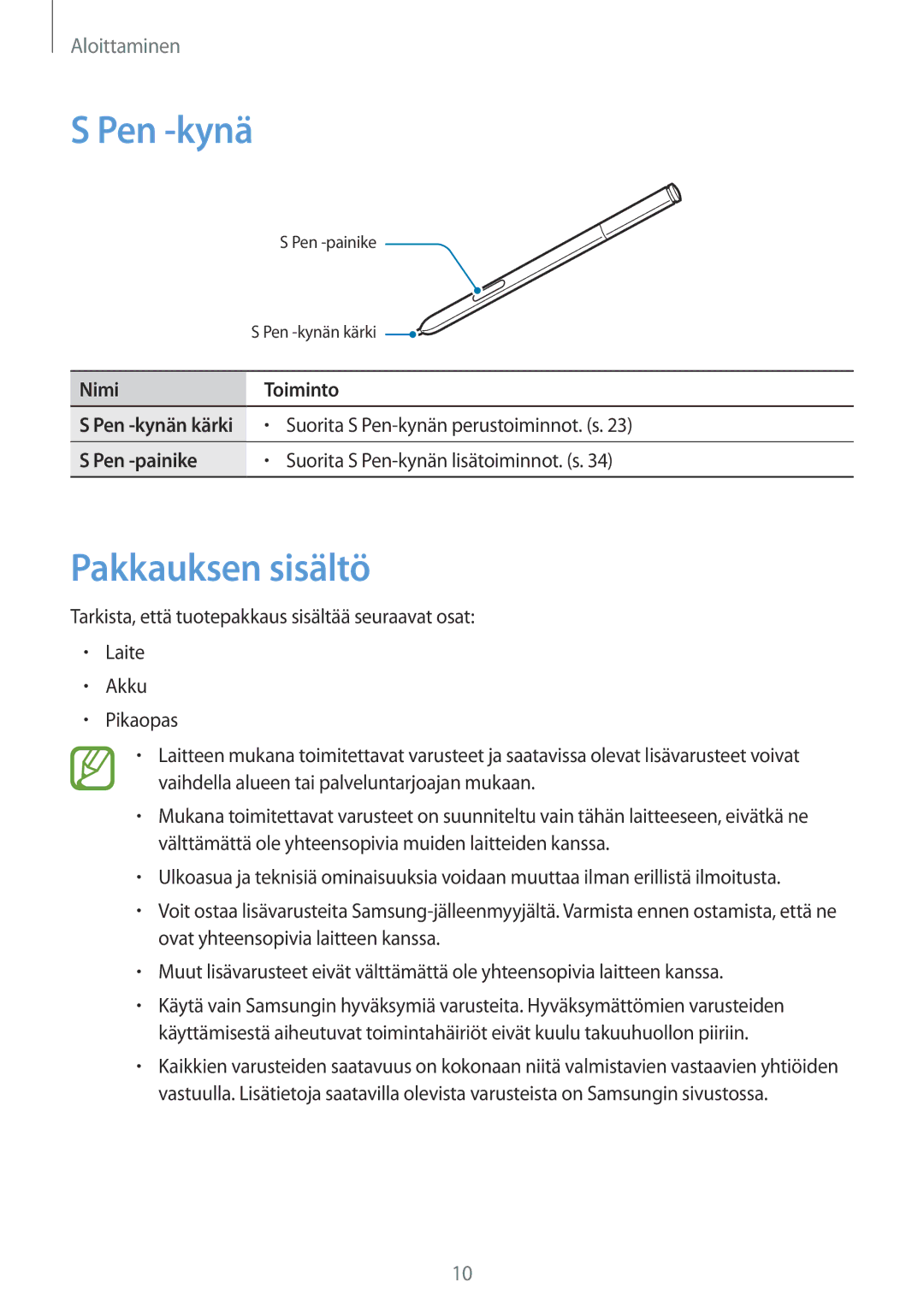 Samsung SM-N9005ZWENEE, SM-N9005WDENEE, SM-N9005ZKENEE manual Pen -kynä, Pakkauksen sisältö, Nimi Toiminto, Pen -painike 