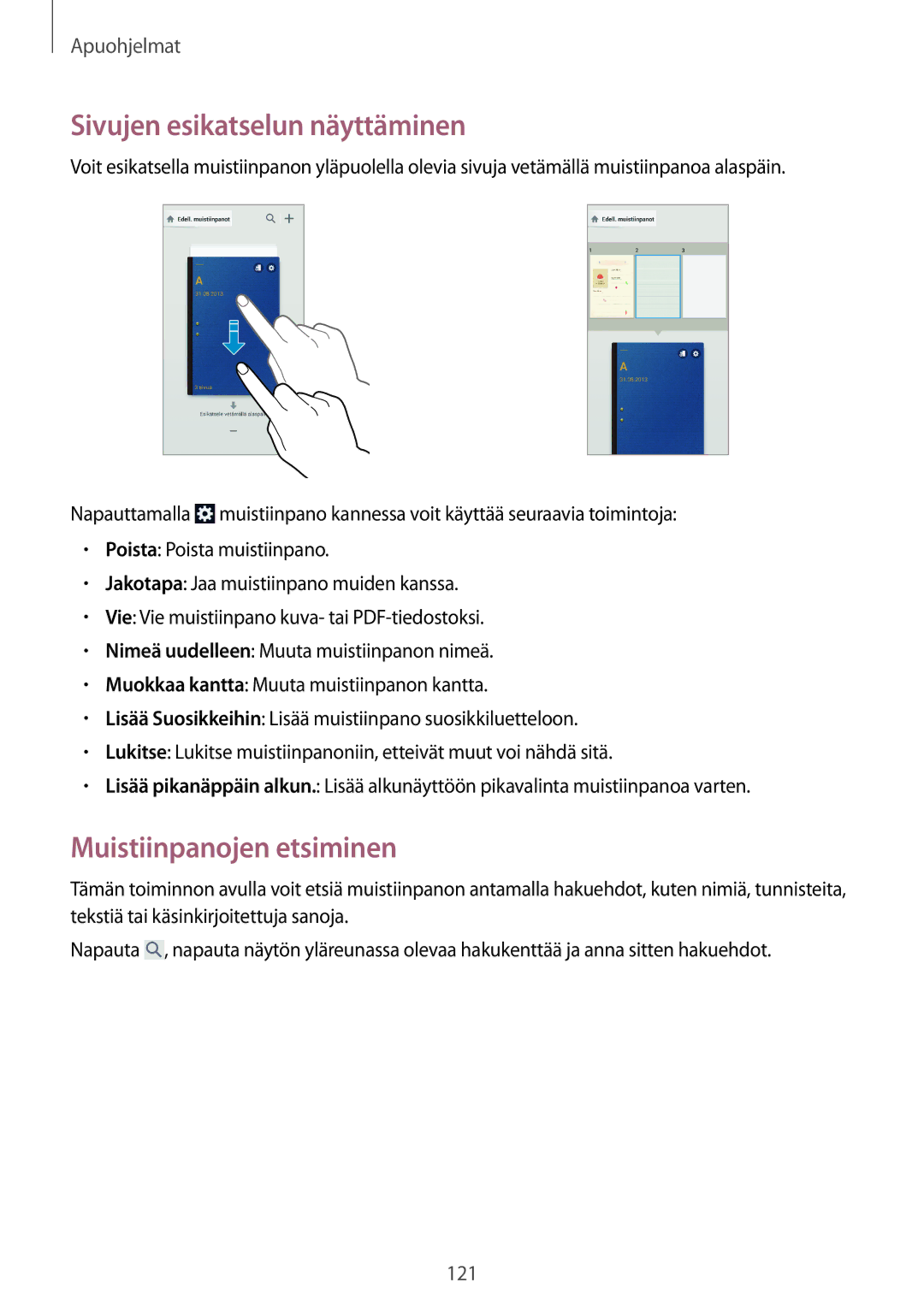 Samsung SM-N9005ZKENEE, SM-N9005WDENEE, SM-N9005ZIENEE manual Sivujen esikatselun näyttäminen, Muistiinpanojen etsiminen 