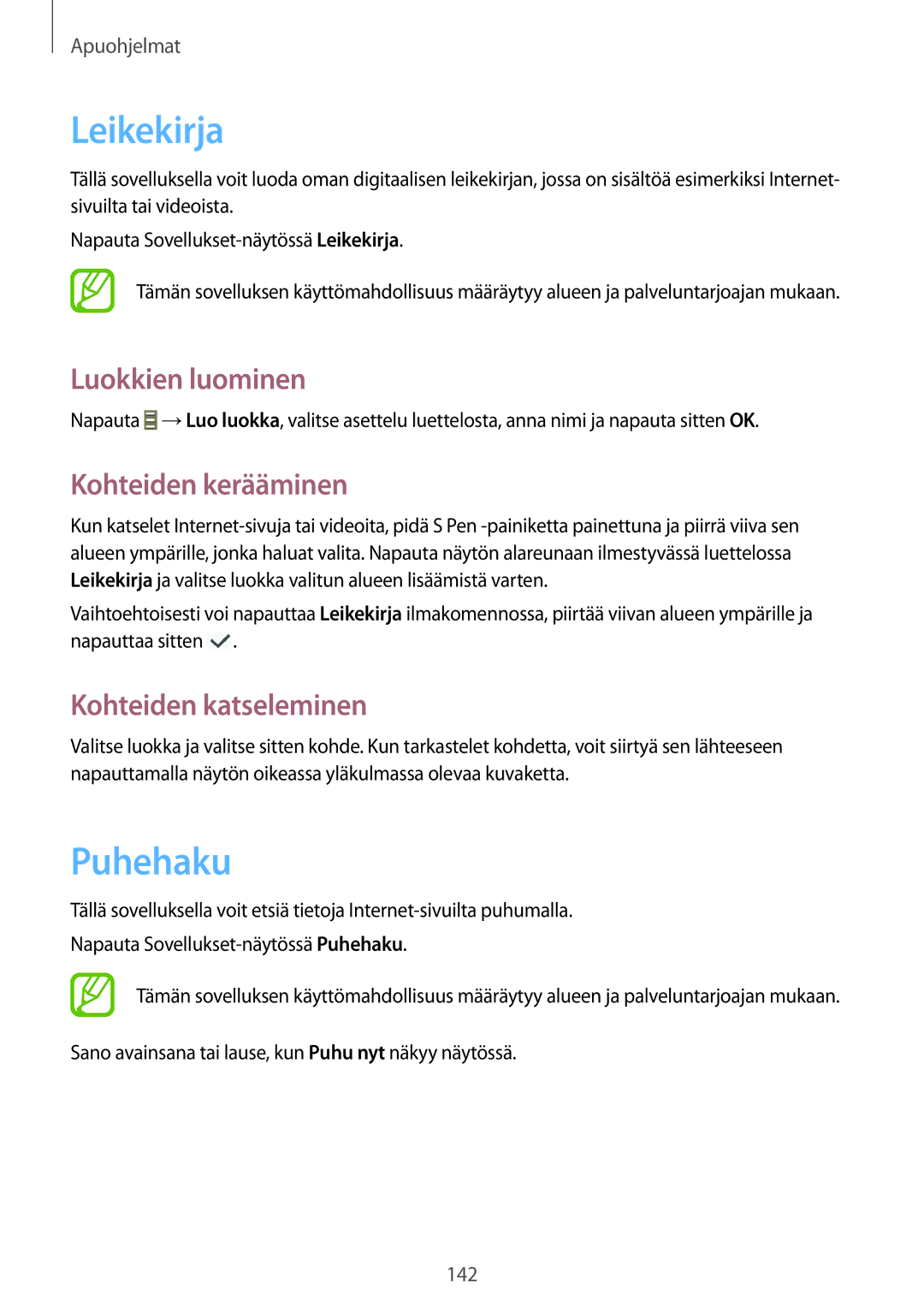 Samsung SM-N9005ZWENEE manual Leikekirja, Puhehaku, Luokkien luominen, Kohteiden kerääminen, Kohteiden katseleminen 