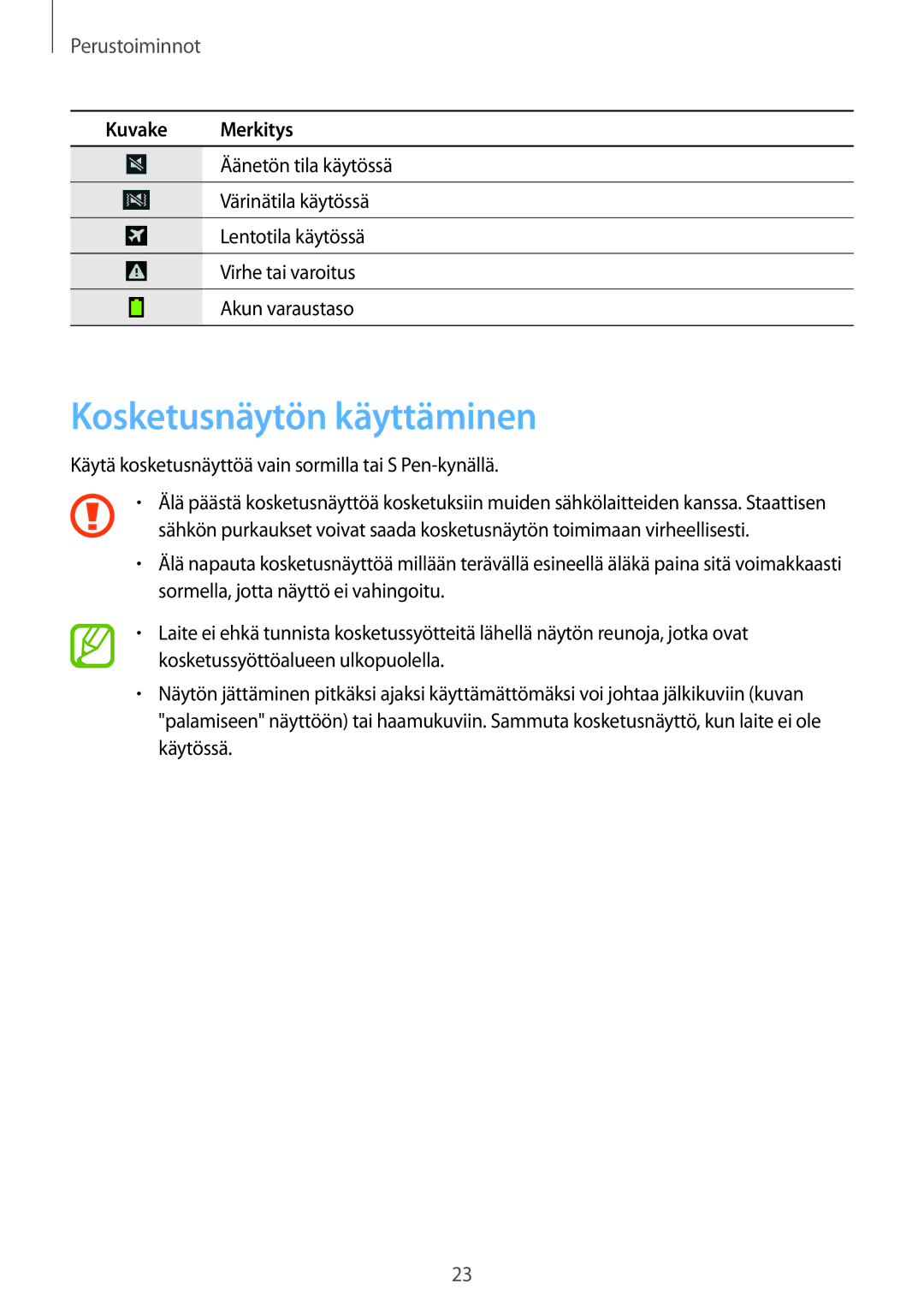 Samsung SM-N9005ZRENEE, SM-N9005WDENEE, SM-N9005ZKENEE, SM-N9005ZIENEE manual Kosketusnäytön käyttäminen, Perustoiminnot 