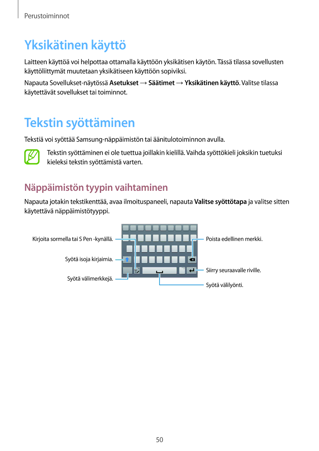 Samsung SM-N9005ZIENEE, SM-N9005WDENEE manual Yksikätinen käyttö, Tekstin syöttäminen, Näppäimistön tyypin vaihtaminen 