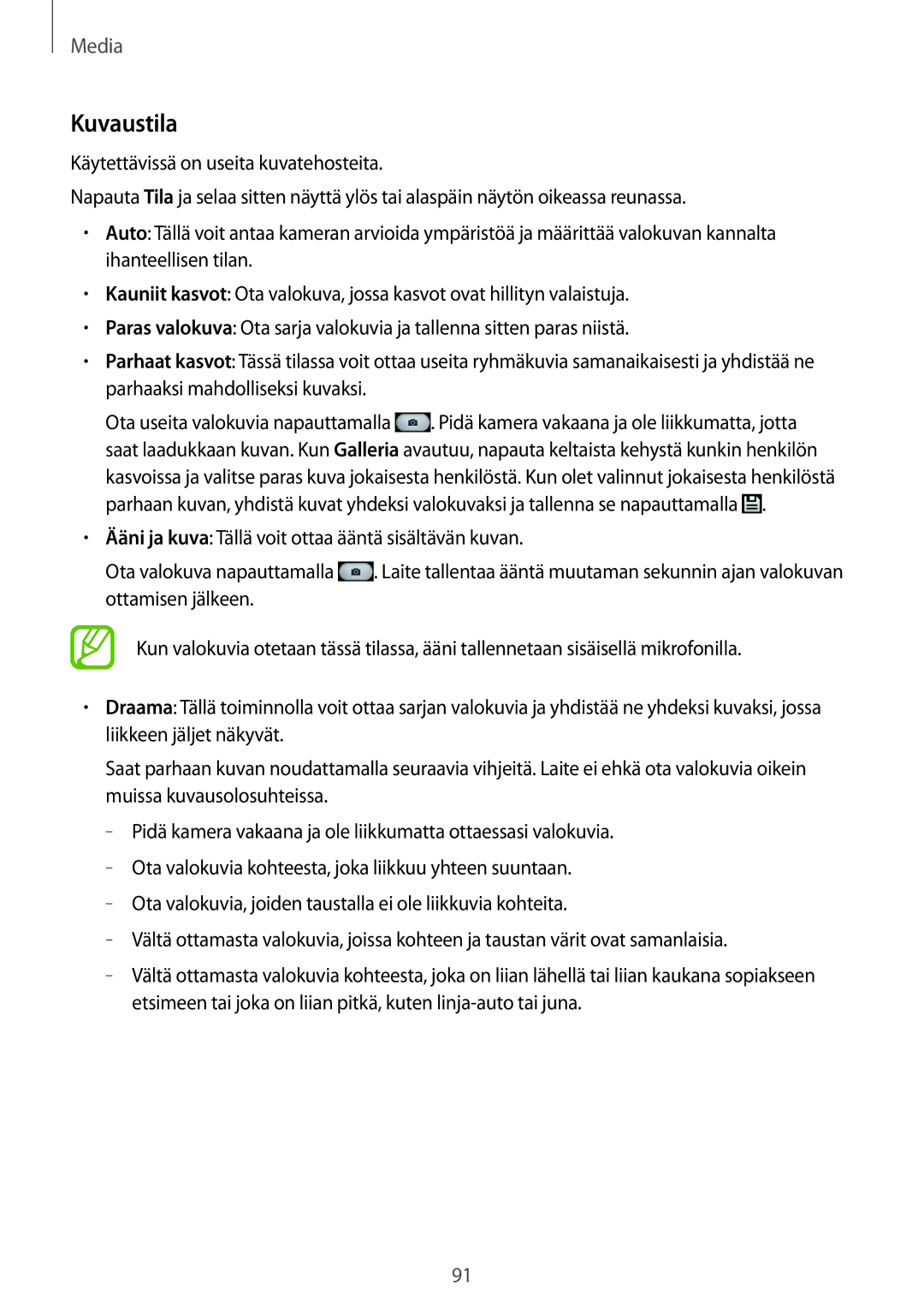 Samsung SM-N9005ZKENEE, SM-N9005WDENEE, SM-N9005ZIENEE, SM-N9005BDENEE, SM-N9005ZWENEE, SM-N9005ZRENEE manual Kuvaustila 