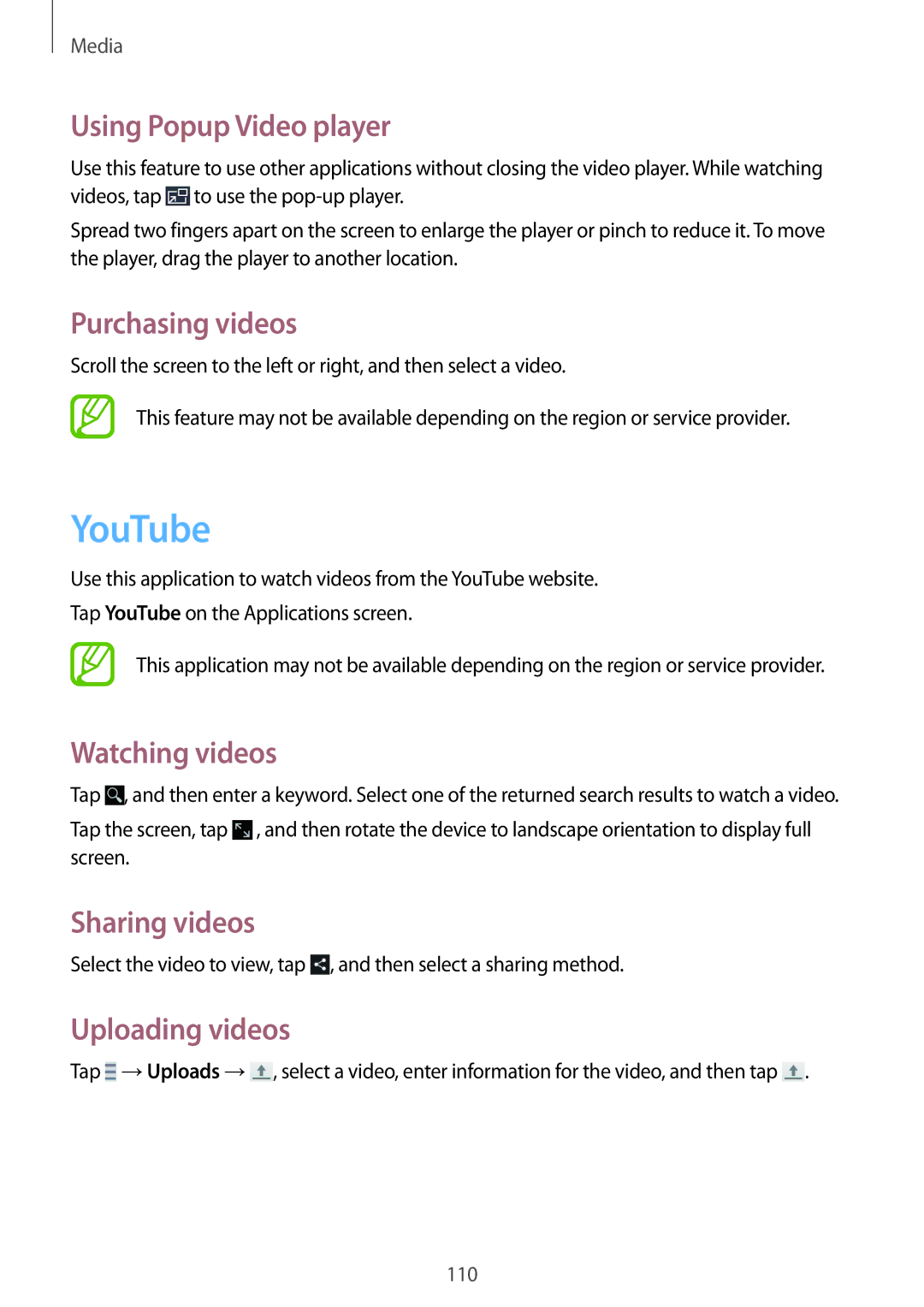 Samsung SM-N9005BDEEGY manual YouTube, Using Popup Video player, Purchasing videos, Watching videos, Uploading videos 