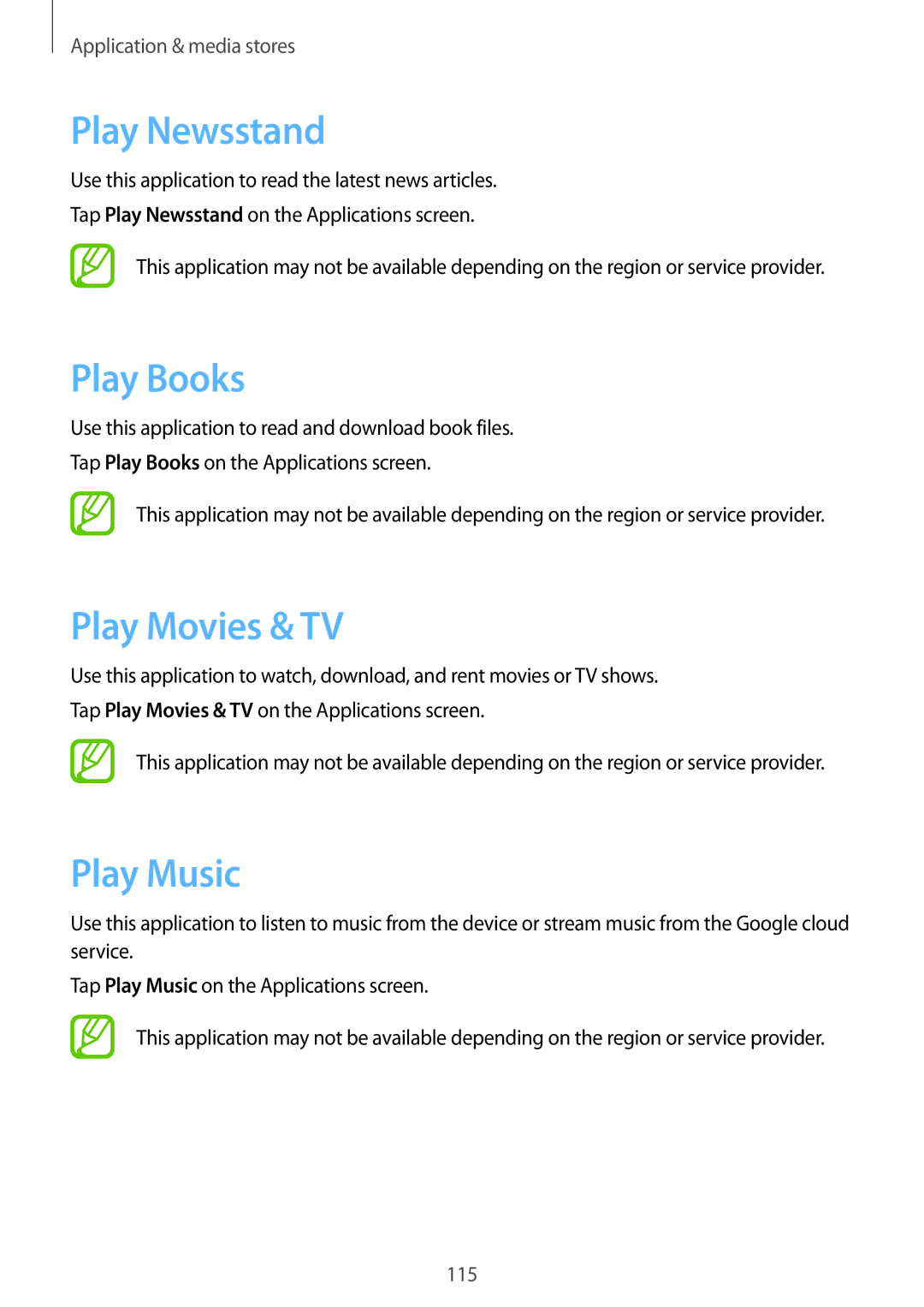Samsung SM-N9005BDEAFR, SM-N9005ZKEEGY, SM-N9005ZIEEGY manual Play Newsstand, Play Books, Play Movies & TV, Play Music 