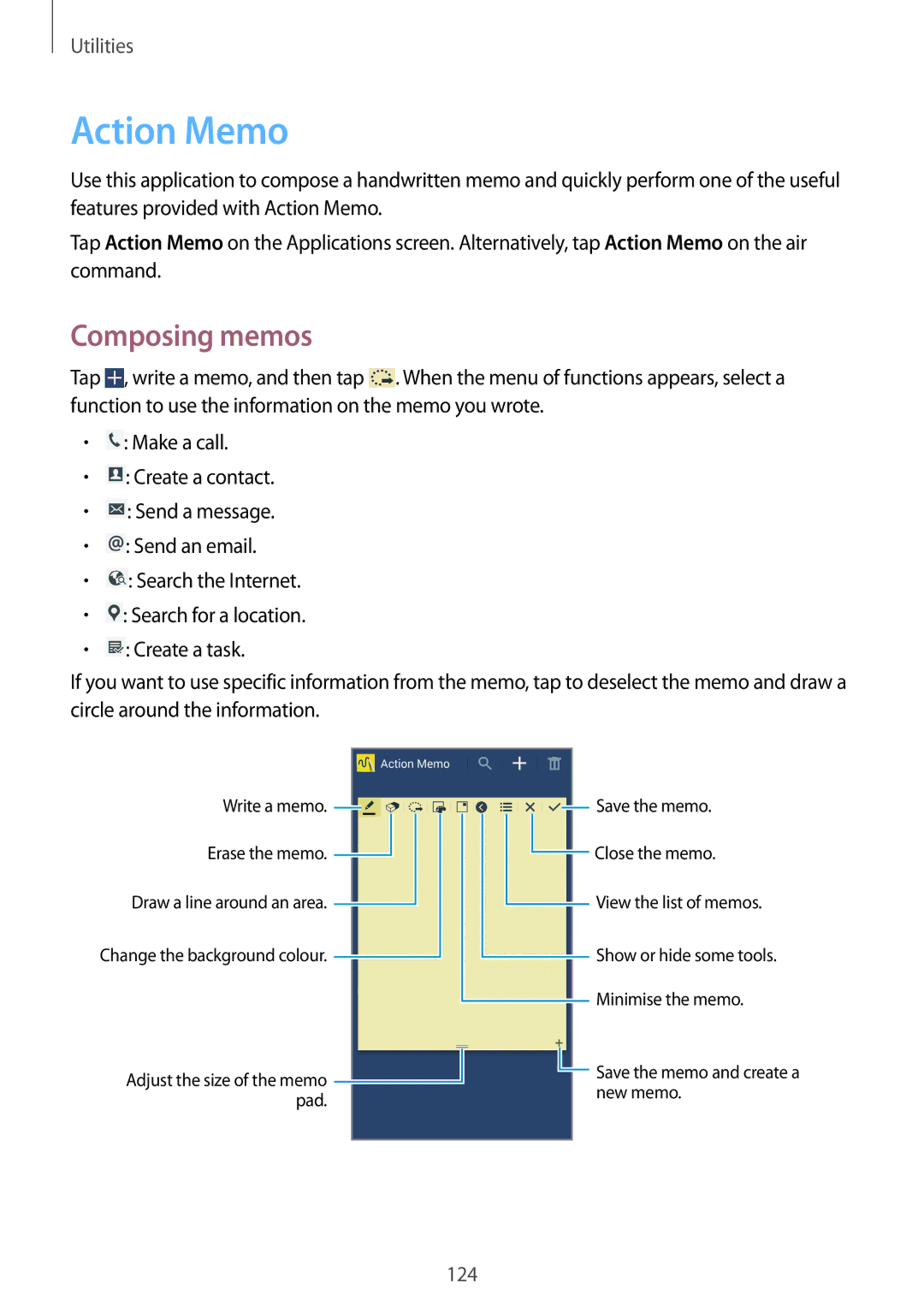 Samsung SM-N9005ZIEAFR, SM-N9005ZKEEGY, SM-N9005ZIEEGY, SM-N9005ZIEKSA, SM-N9005ZREAFR manual Action Memo, Composing memos 